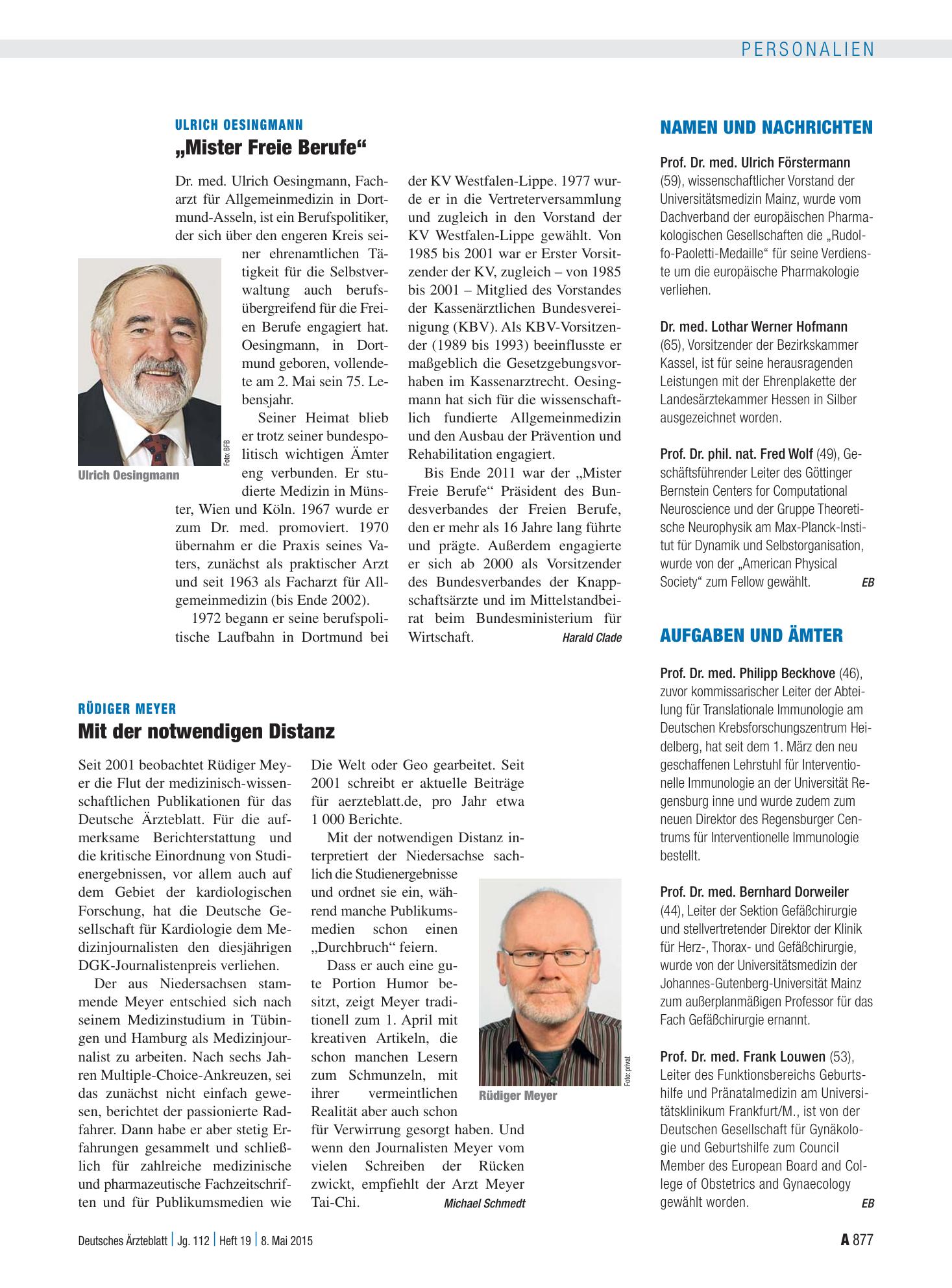 Vorschauseite 1: Namen und Nachrichten – Deutsches Ärzteblatt