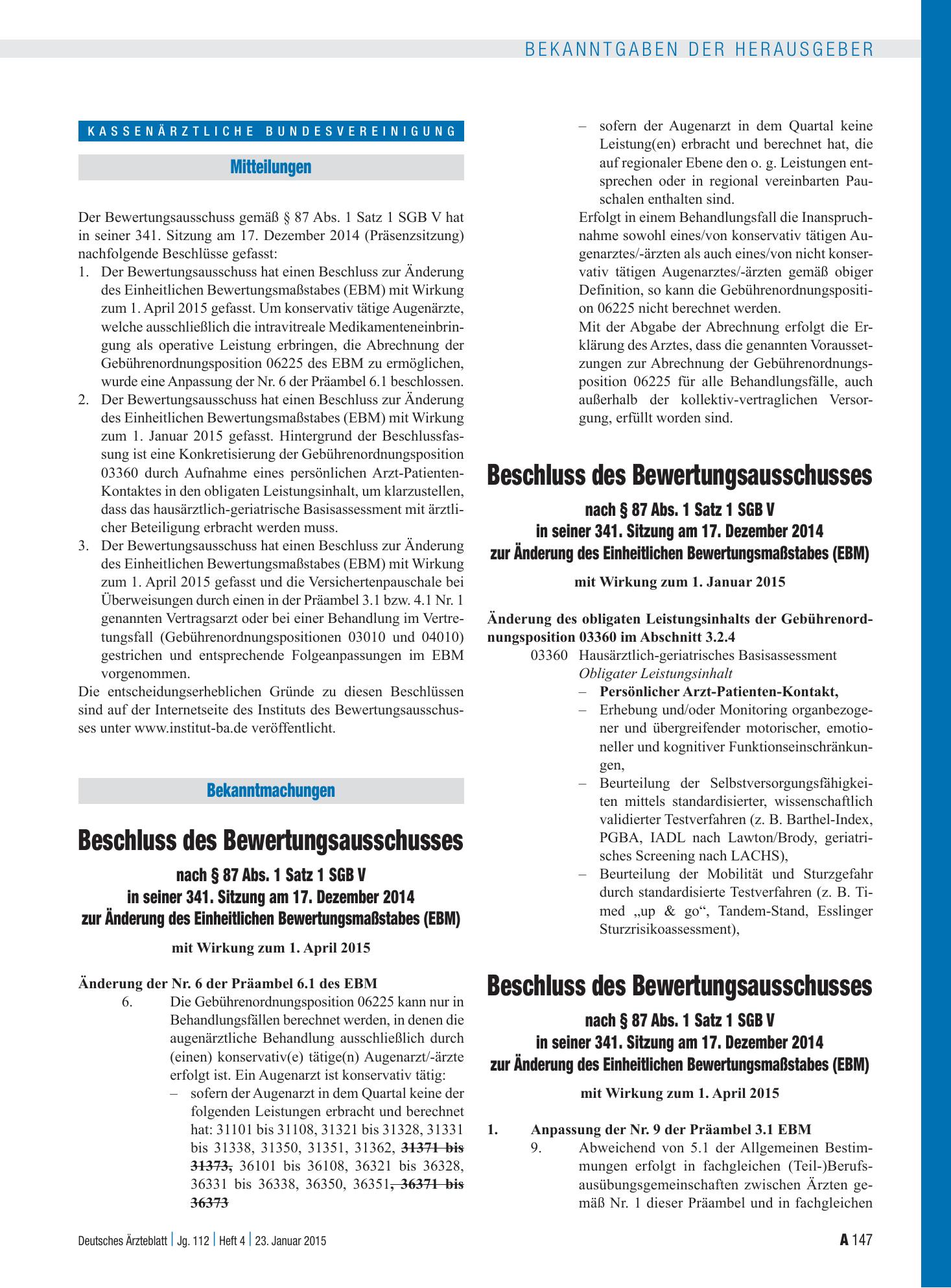 Vorschauseite 1: Beschluss des Bewertungsausschusses nach § 87 Abs. 1 Satz 1 SGB V in seiner 341. Sitzung am 17. Dezember 2014 zur Änderung des Einheitlichen Bewertungsmaßstabes (EBM) mit Wirkung…