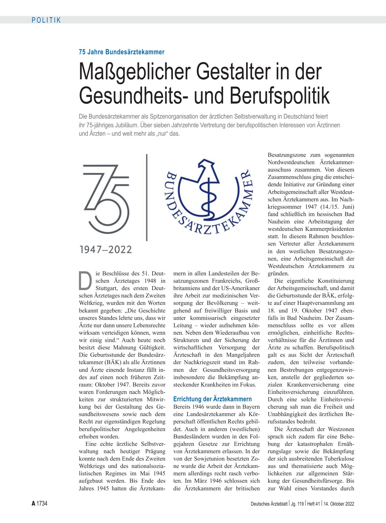 Vorschauseite 1: 75 Jahre Bundesärztekammer: Maßgeblicher Gestalter in der Gesundheits- und Berufspolitik – Deutsches Ärzteblatt