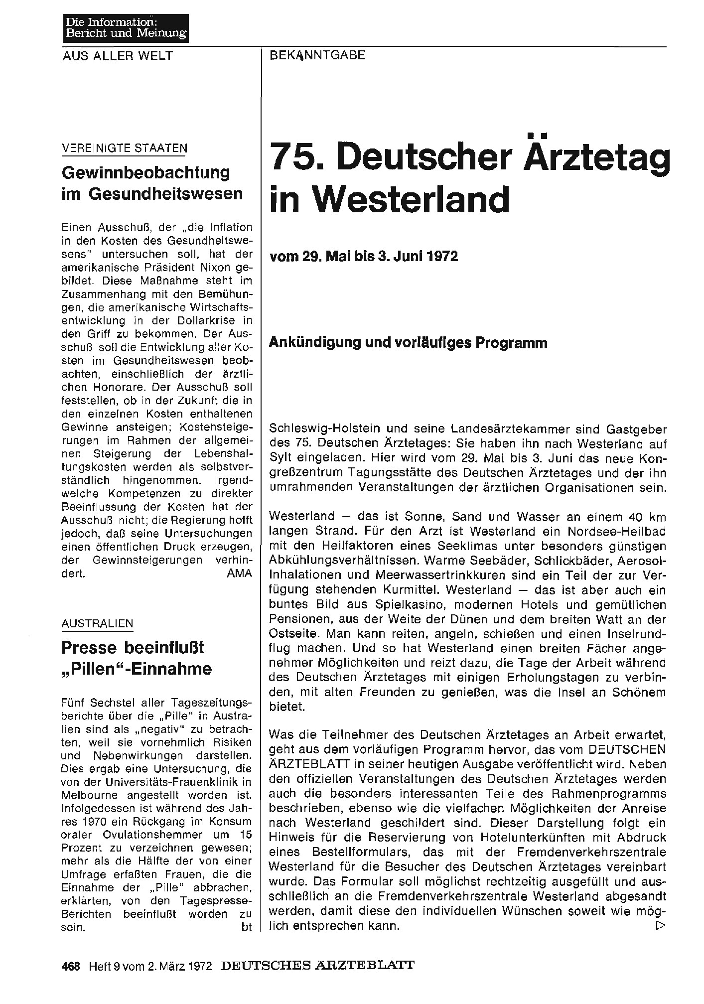 Vorschauseite 1: 75. Deutscher Ärztetag in Westerland vom 29. Mai bis 3. Juni 1972