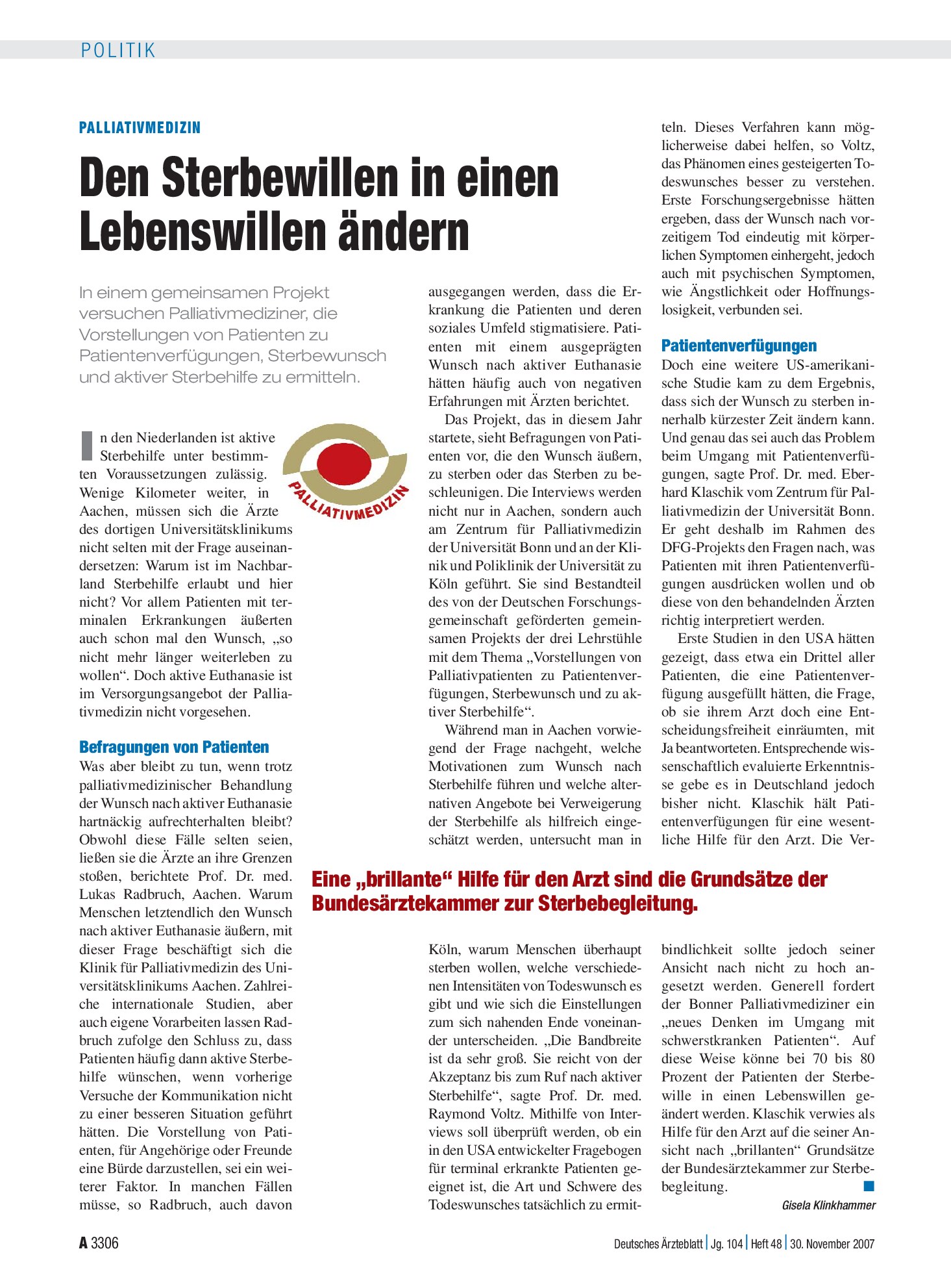 Vorschauseite 1: Palliativmedizin: Den Sterbewillen in einen Lebenswillen ändern – Deutsches Ärzteblatt