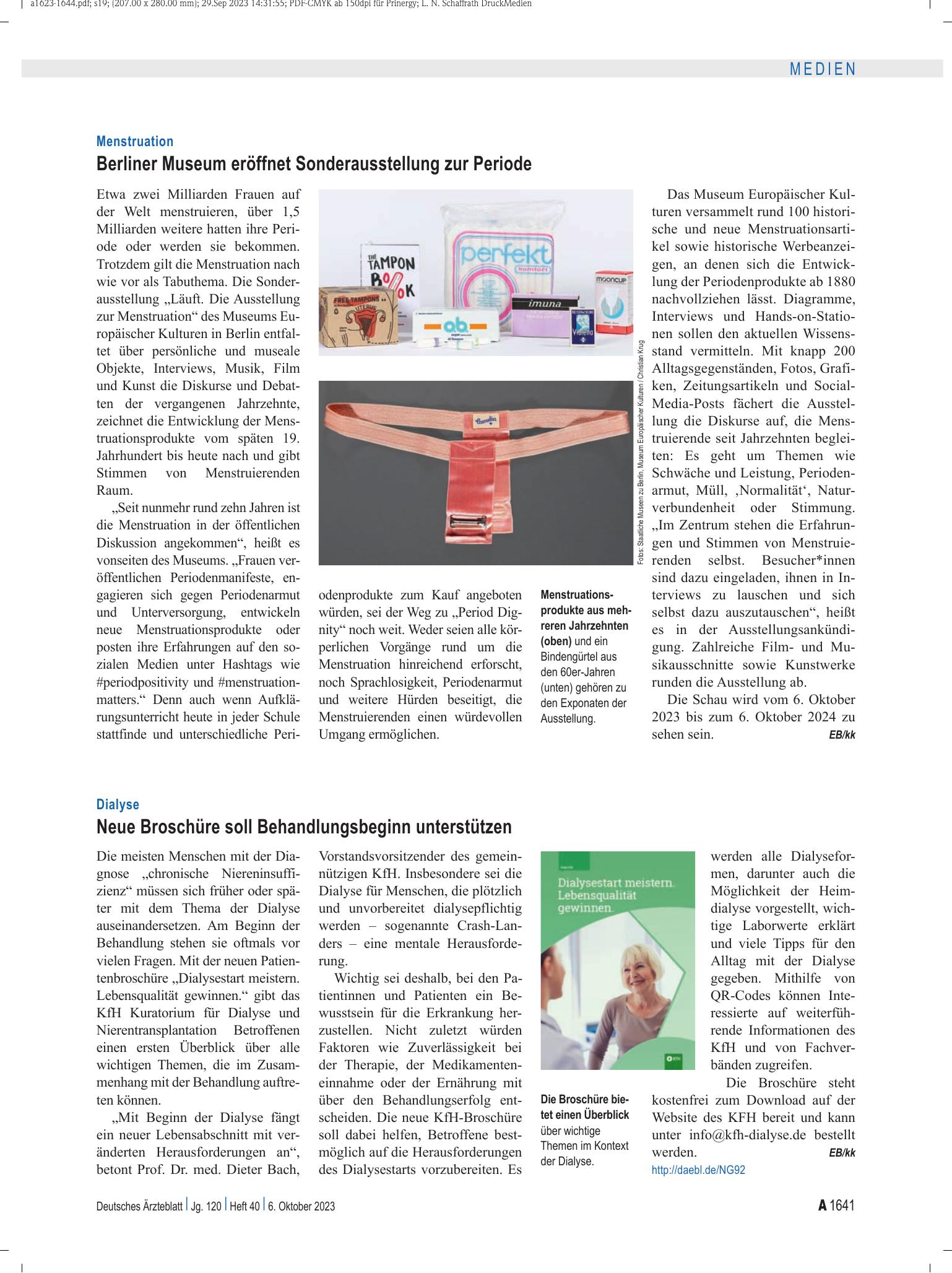 Vorschauseite 1: Dialyse: Neue Broschüre soll Behandlungsbeginn unterstützen – Deutsches Ärzteblatt