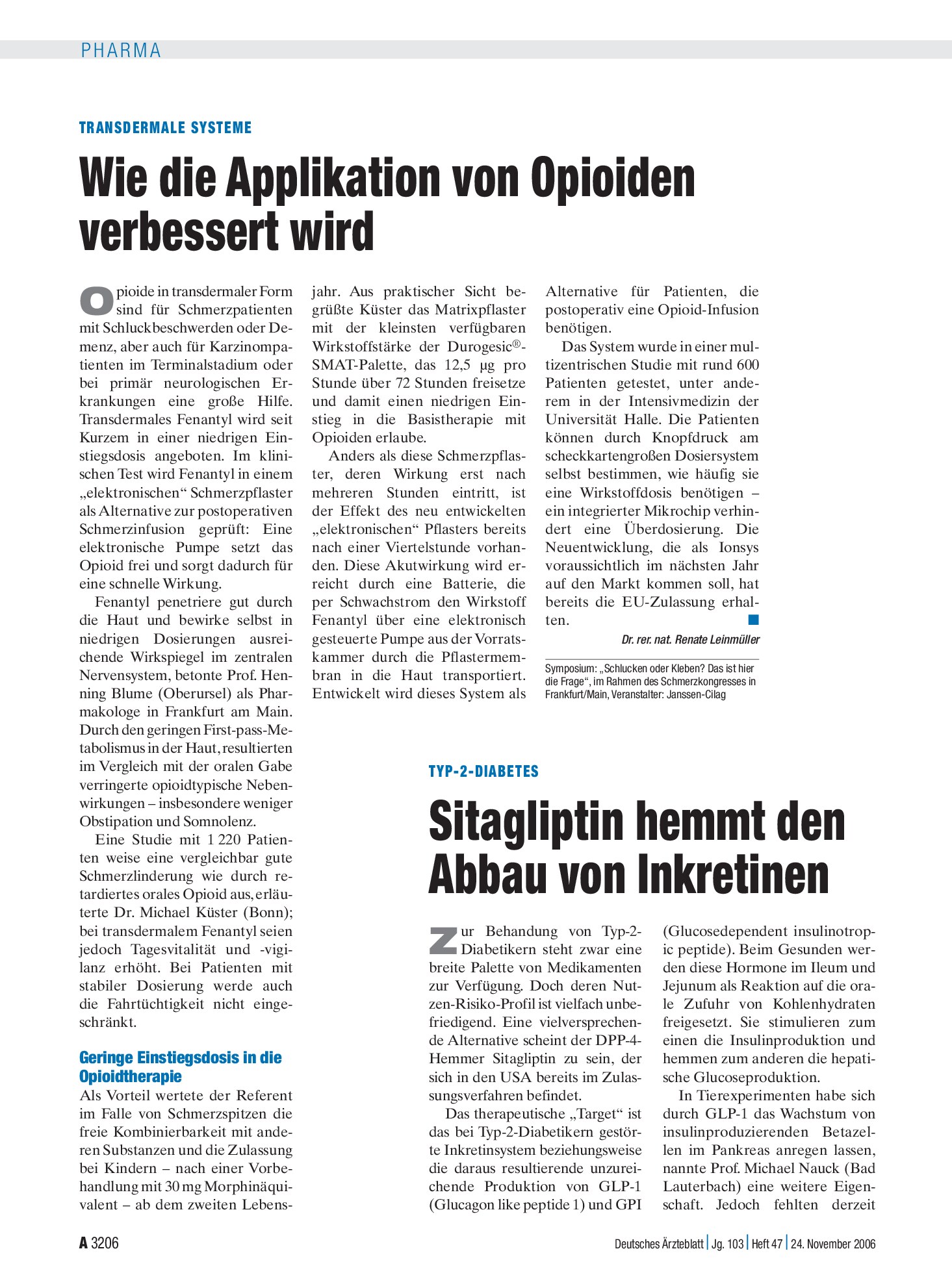 Vorschauseite 1: Transdermale Systeme: Wie die Applikation von Opioiden verbessert wird – Deutsches Ärzteblatt