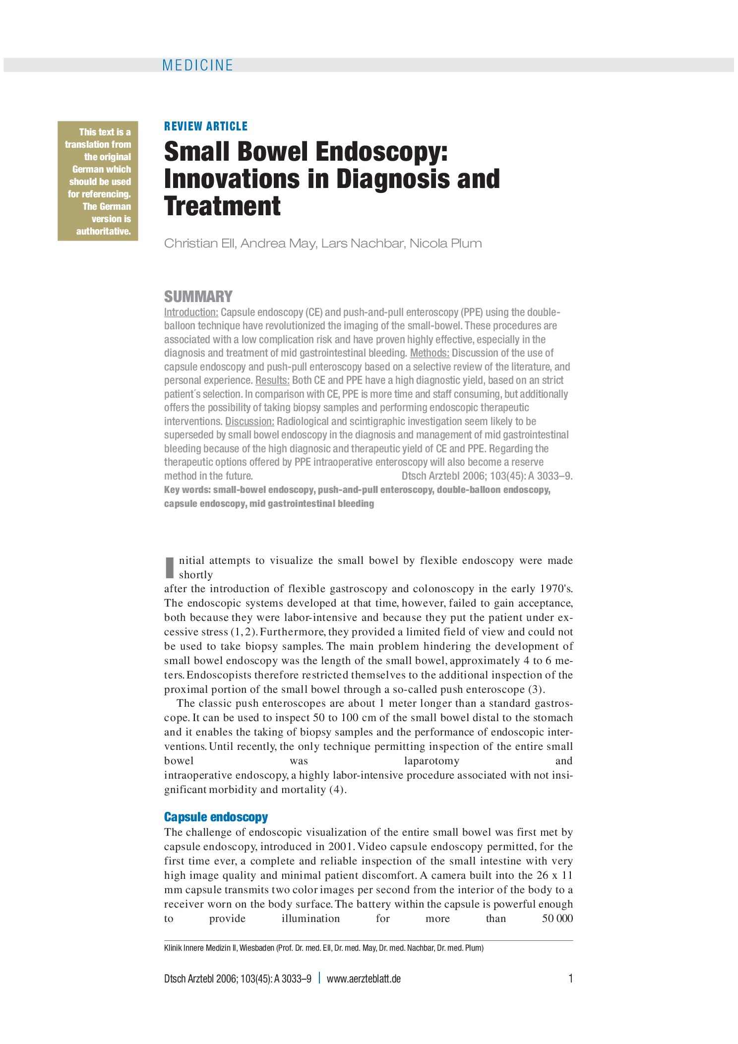 Vorschauseite 1: Dünndarmendoskopie – Innovationen in Diagnostik und Therapie – Deutsches Ärzteblatt