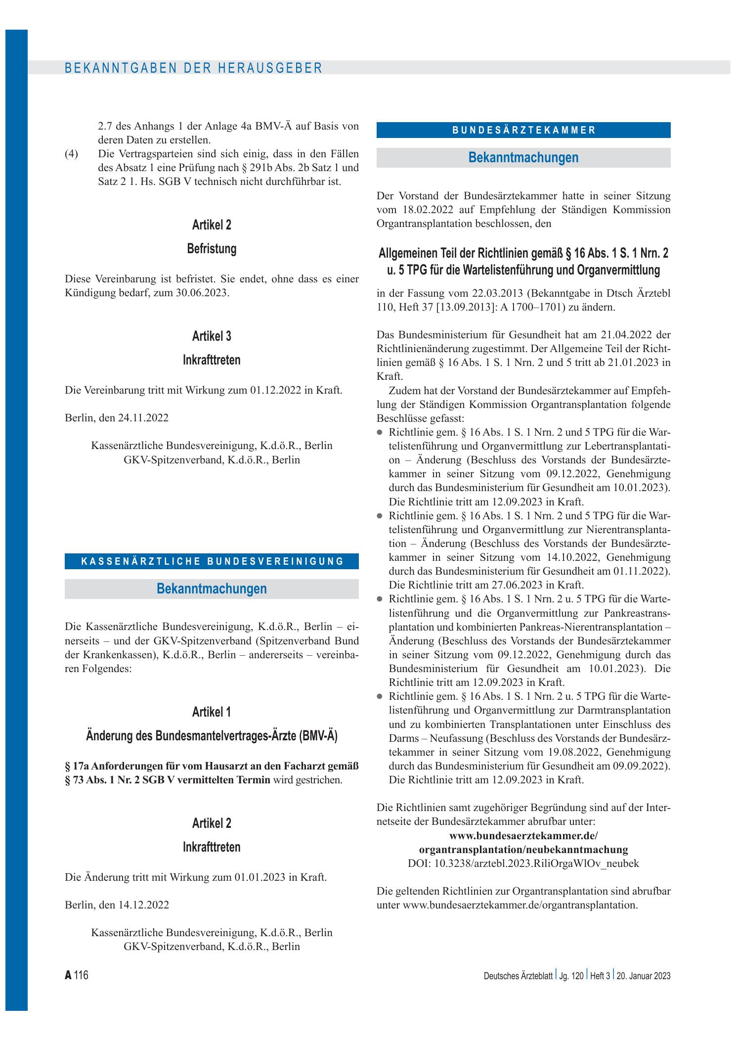 Vorschauseite 1: Änderung des Bundesmantelvertrages-Ärzte (BMV-Ä) – Deutsches Ärzteblatt
