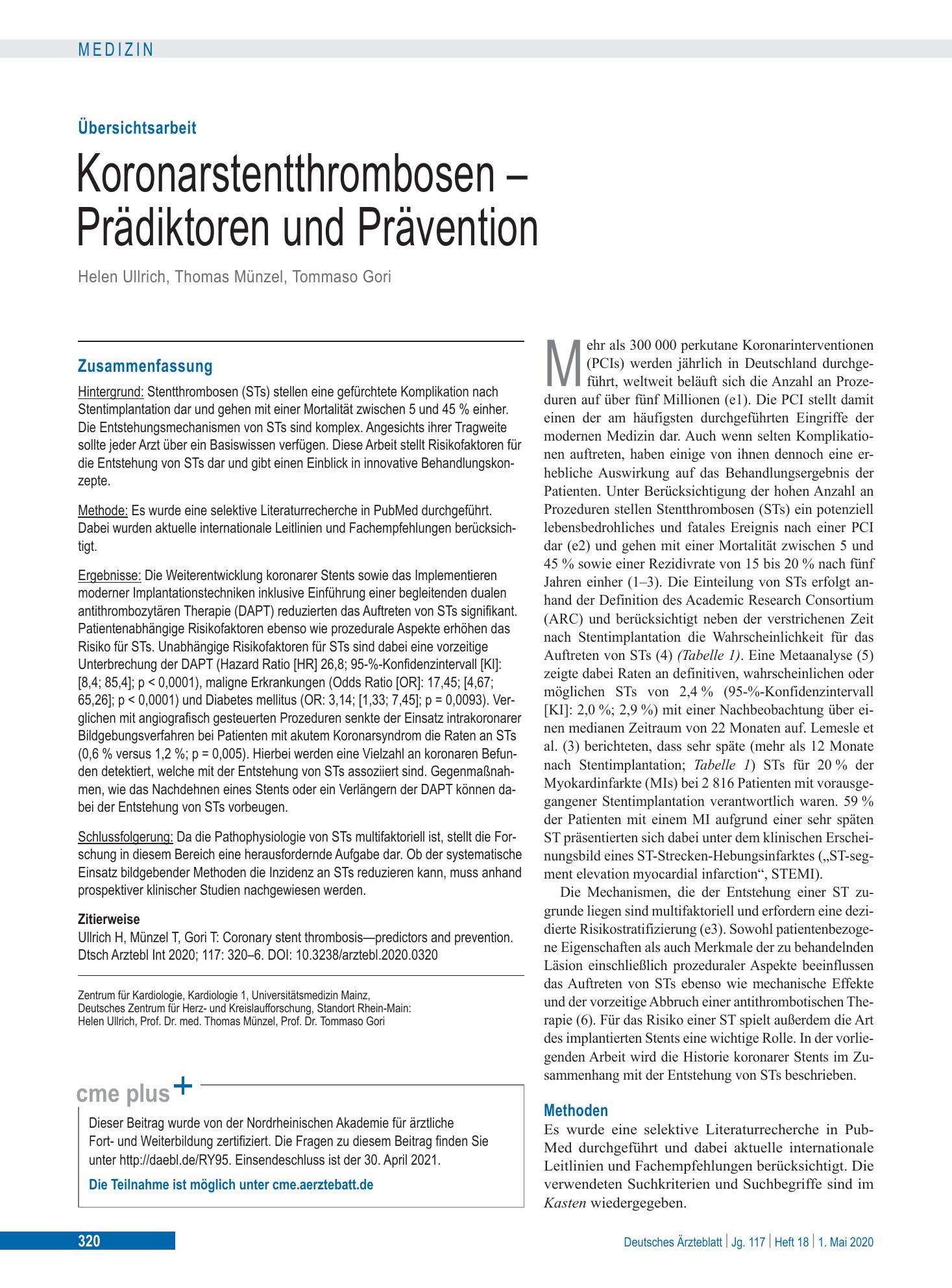 Vorschauseite 1: Koronarstentthrombosen – Prädiktoren und Prävention – Deutsches Ärzteblatt