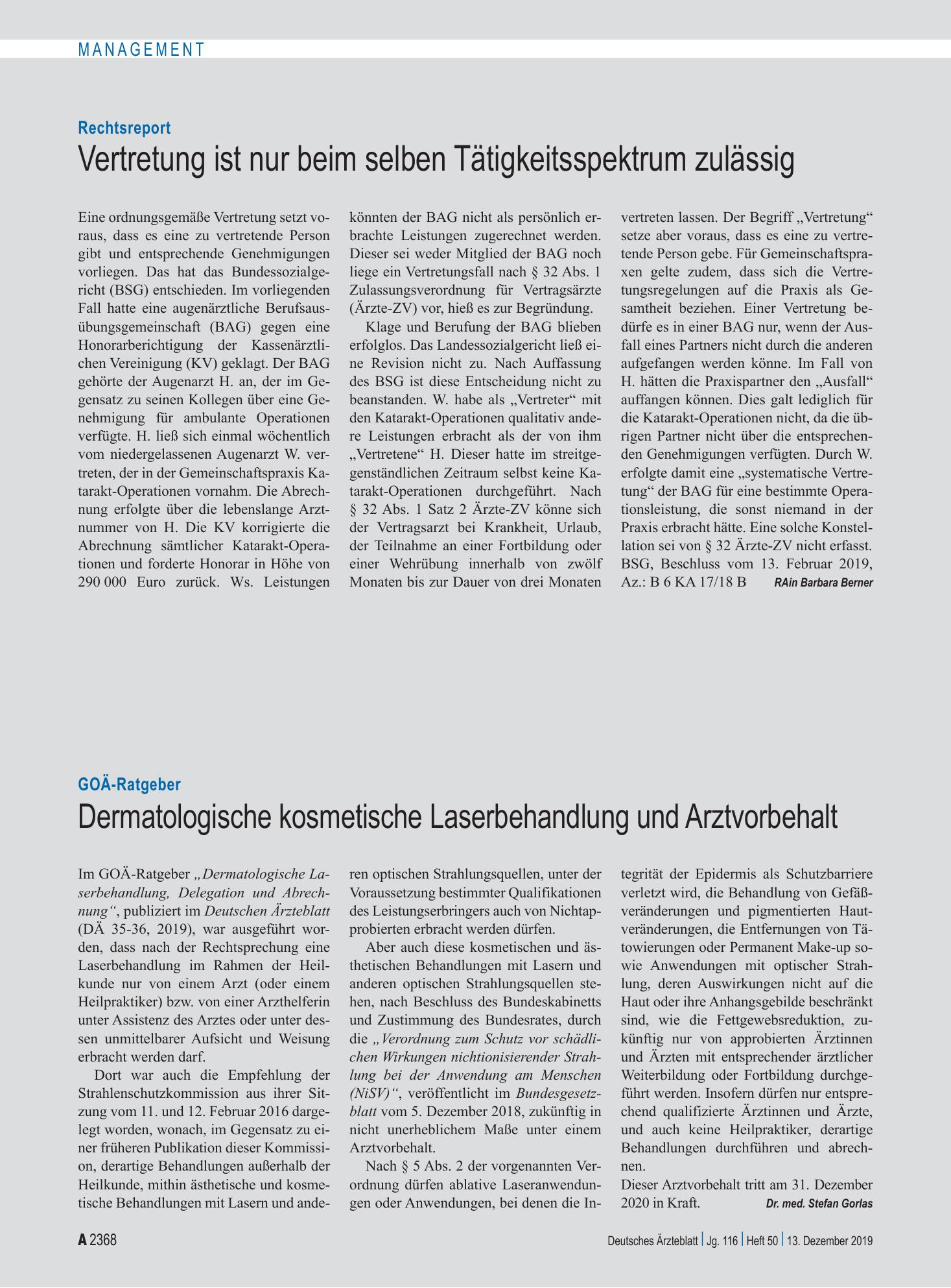 Vorschauseite 1: Rechtsreport: Vertretung ist nur beim selben Tätigkeitsspektrum zulässig – Deutsches Ärzteblatt