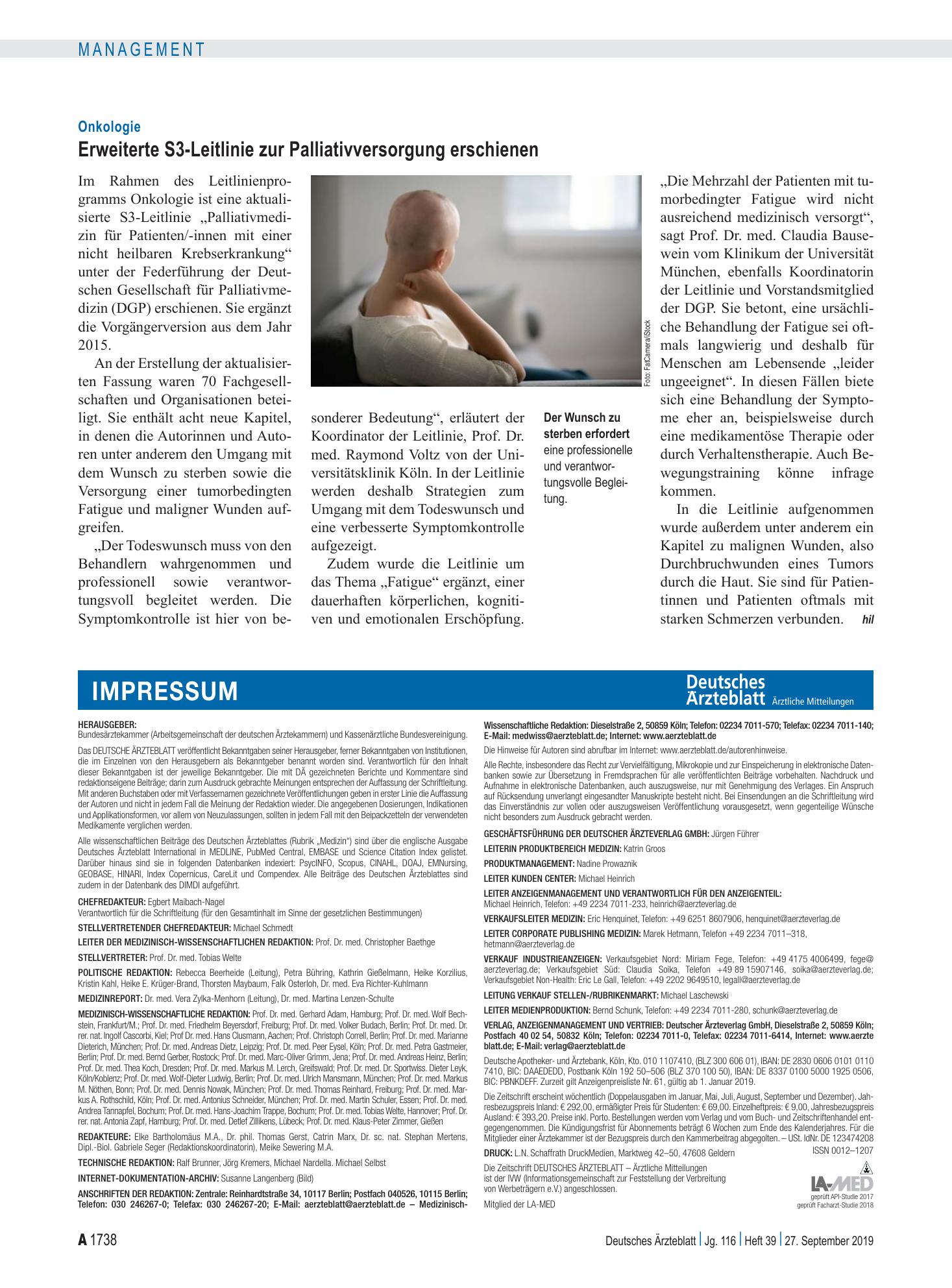 Vorschauseite 1: Onkologie: Erweiterte S3-Leitlinie zur Palliativversorgung erschienen – Deutsches Ärzteblatt