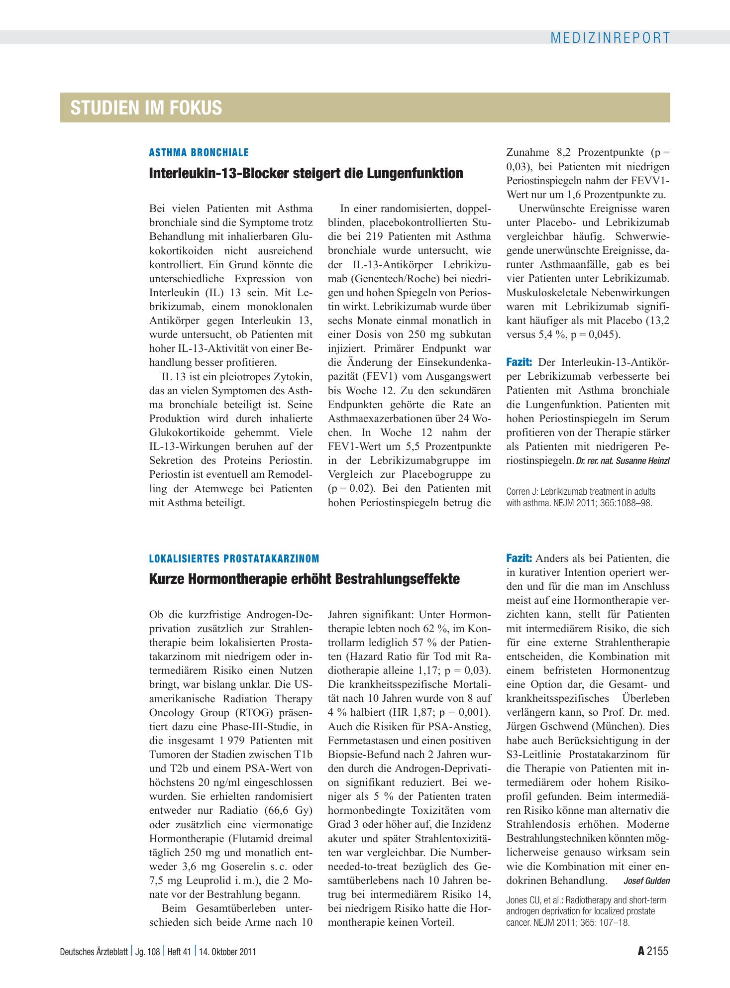 Vorschauseite 1: Asthma bronchiale: Interleukin-13-Blocker steigert die Lungenfunktion – Deutsches Ärzteblatt