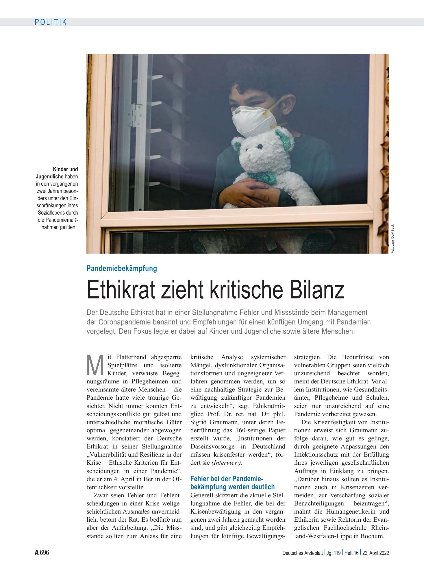 Vorschauseite 1: Pandemiebekämpfung: Ethikrat zieht kritische Bilanz – Deutsches Ärzteblatt