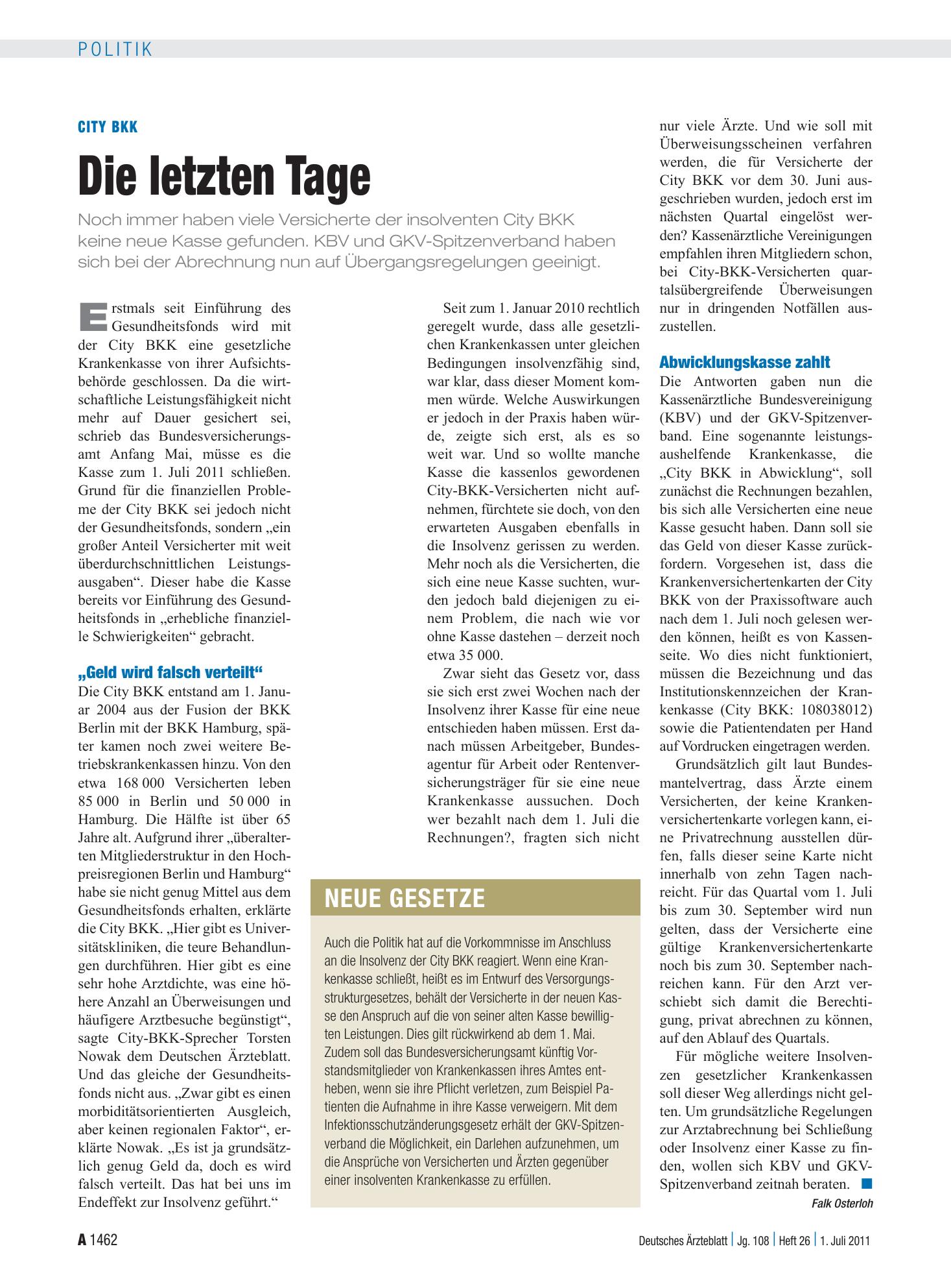 Vorschauseite 1: City BKK: Die letzten Tage – Deutsches Ärzteblatt