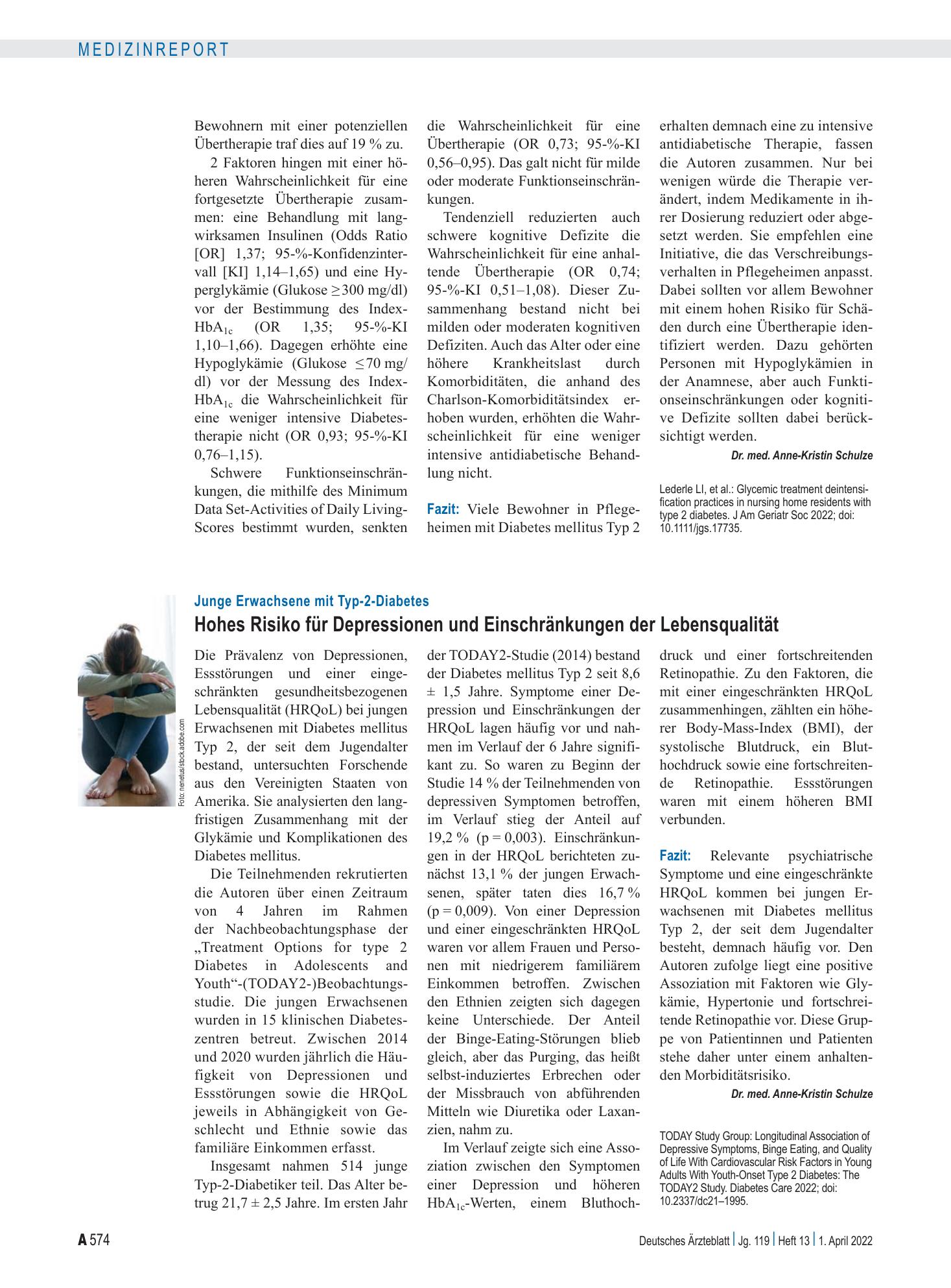 Vorschauseite 1: Junge Erwachsene mit Typ-2-Diabetes: Hohes Risiko für Depressionen und Einschränkungen der Lebensqualität – Deutsches Ärzteblatt