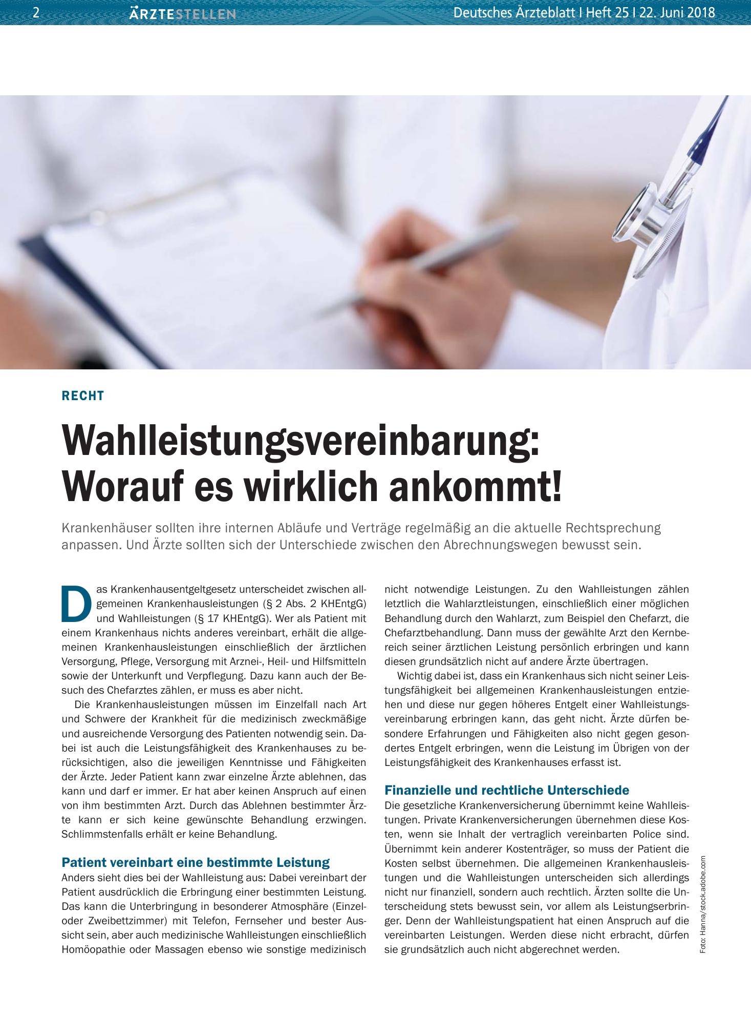 Vorschauseite 1: Recht: Wahlleistungsvereinbarung – Worauf es wirklich ankommt! – Deutsches Ärzteblatt