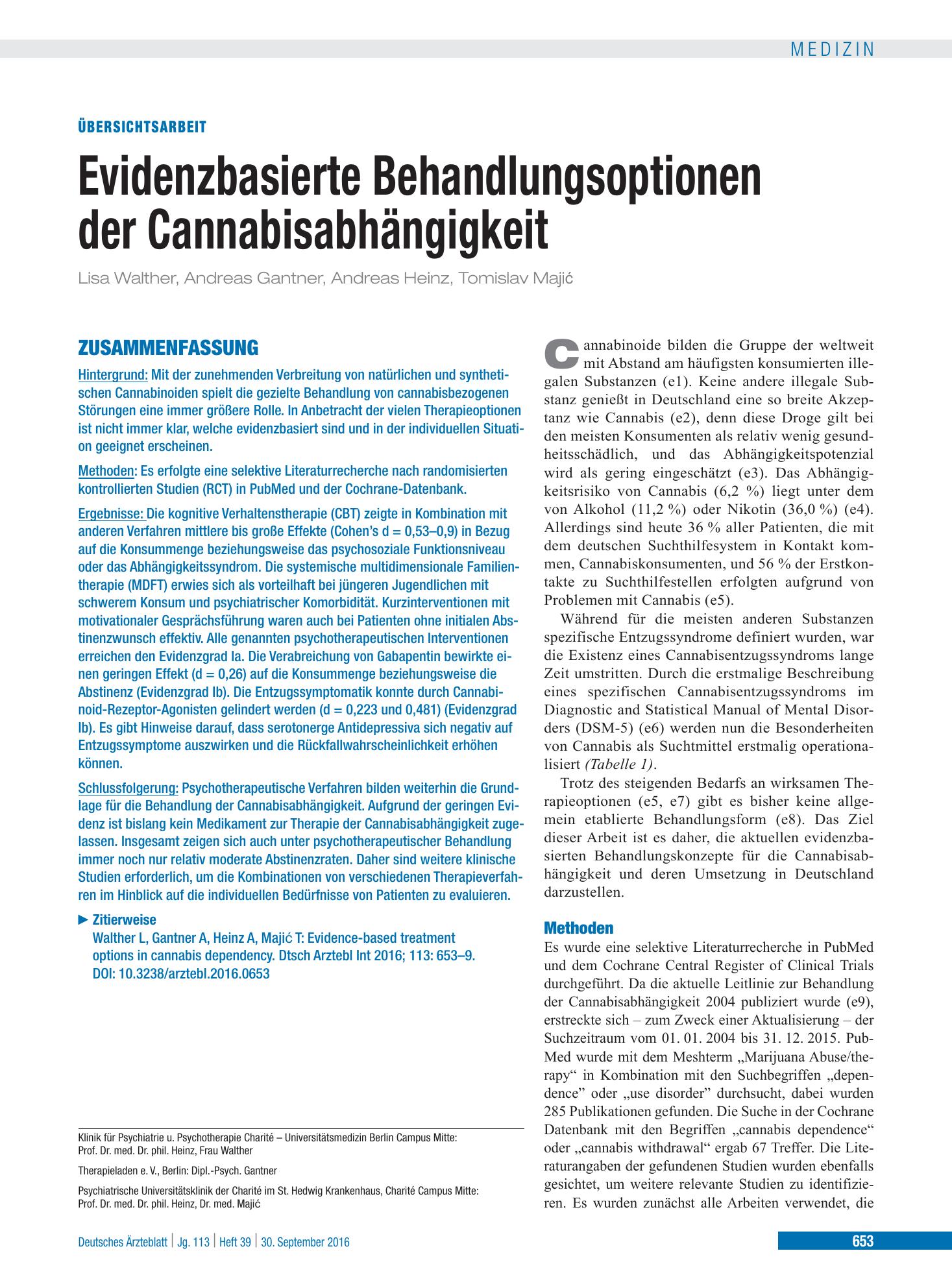 Vorschauseite 1: Evidenzbasierte Behandlungsoptionen der Cannabisabhängigkeit – Deutsches Ärzteblatt