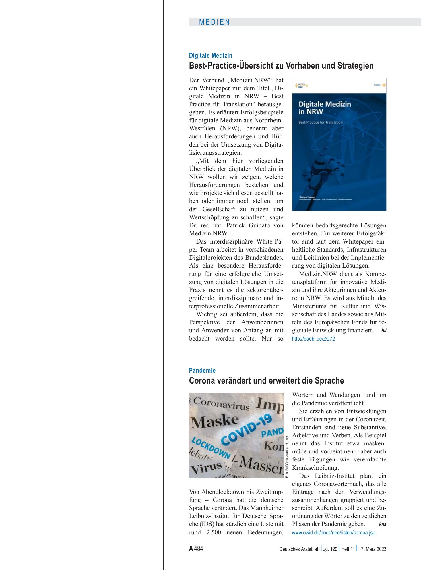 Vorschauseite 1: Pandemie: Corona verändert und erweitert die Sprache – Deutsches Ärzteblatt