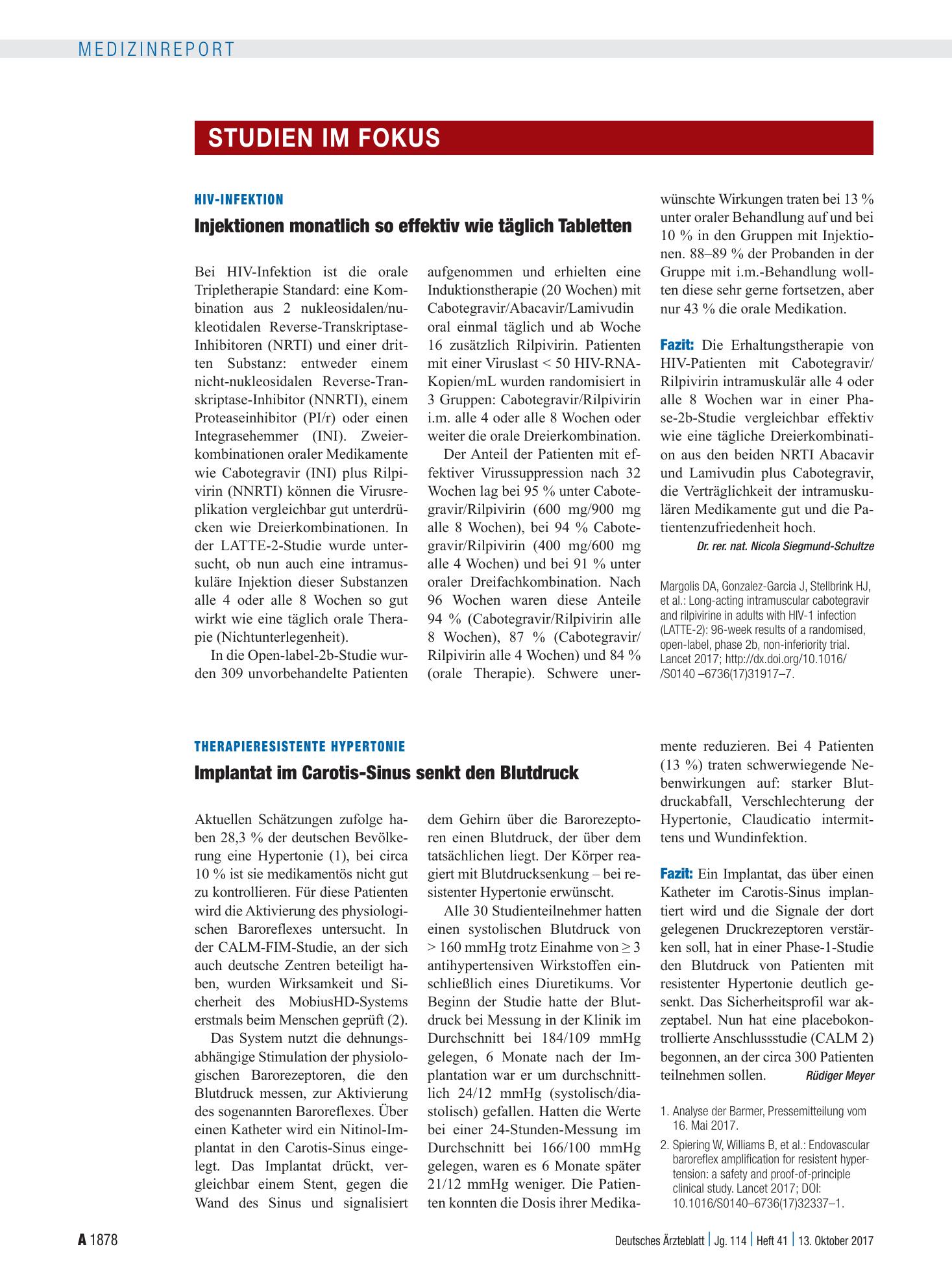 Vorschauseite 1: HIV-Infektion: Injektionen monatlich so effektiv wie täglich Tabletten – Deutsches Ärzteblatt