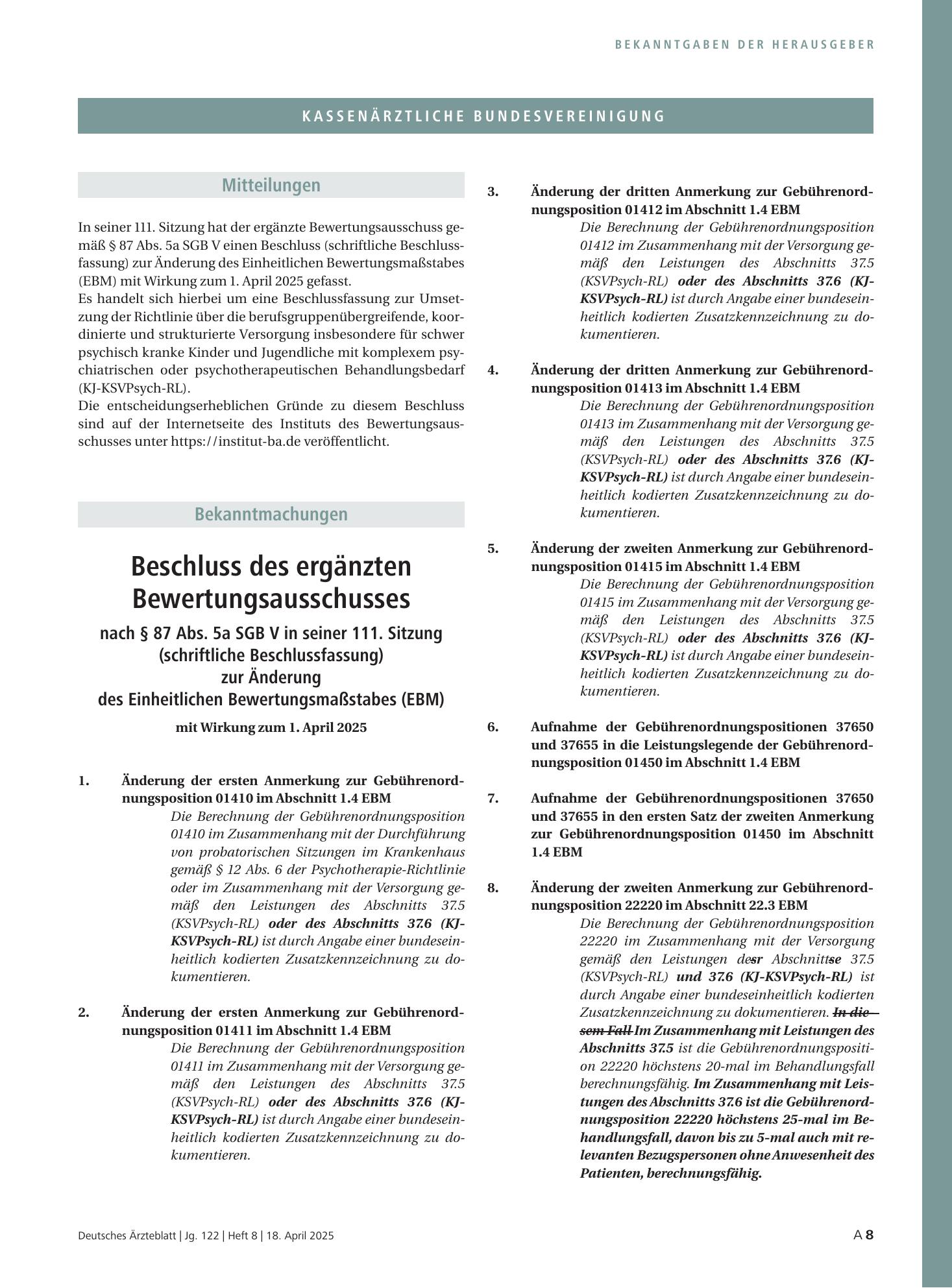Vorschauseite 1: Beschluss des ergänzten Bewertungsausschusses nach § 87 Abs. 5a SGB V in seiner 111. Sitzung (schriftliche Beschlussfassung) zur Änderung des Einheitlichen Bewertungsmaßstabes (EB…
