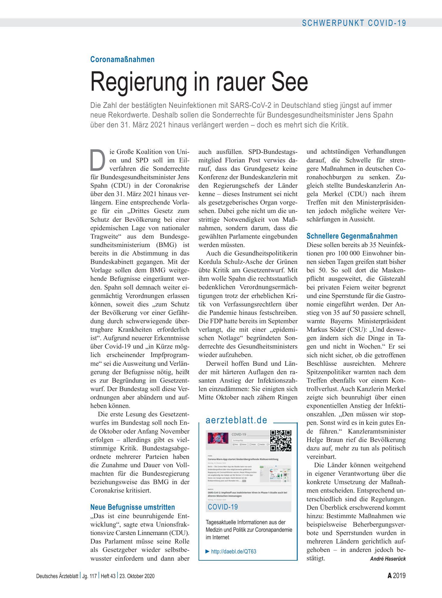 Vorschauseite 1: Coronamaßnahmen: Regierung in rauer See – Deutsches Ärzteblatt