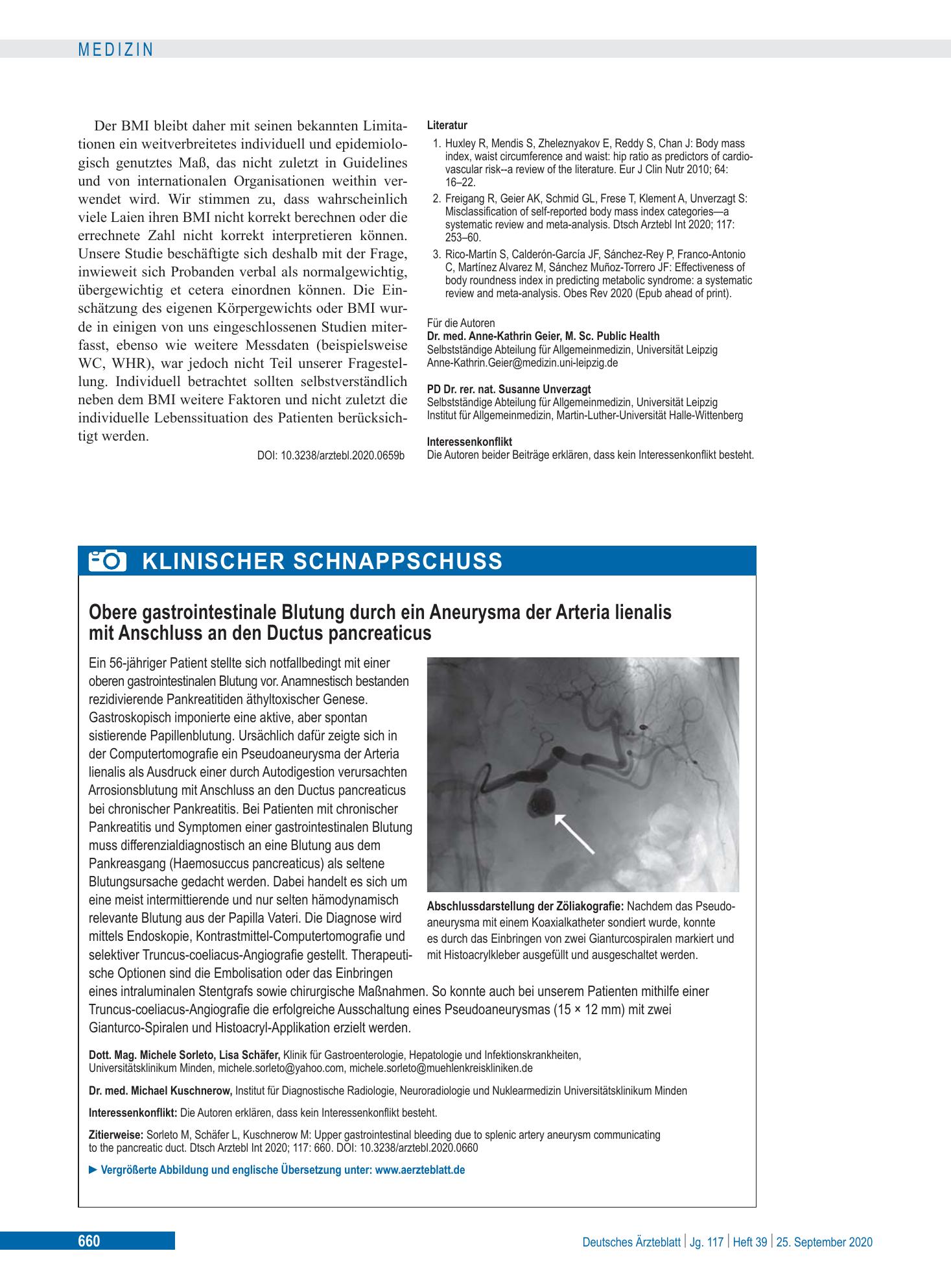 Vorschauseite 1: Obere gastrointestinale Blutung durch ein Aneurysma der Arteria lienalis mit Anschluss an den Ductus pancreaticus – Deutsches Ärzteblatt