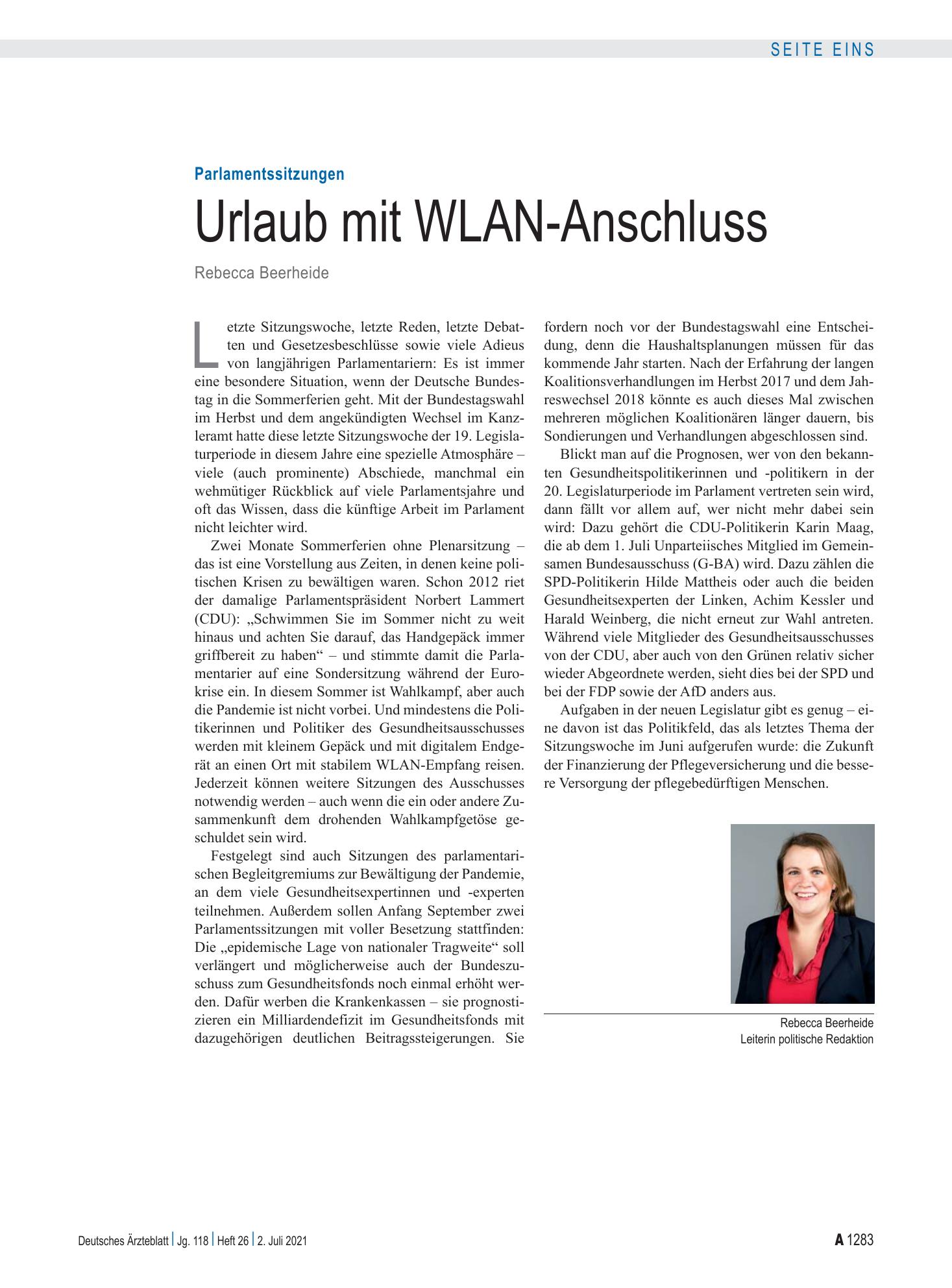 Vorschauseite 1: Parlamentssitzungen: Urlaub mit WLAN-Anschluss – Deutsches Ärzteblatt