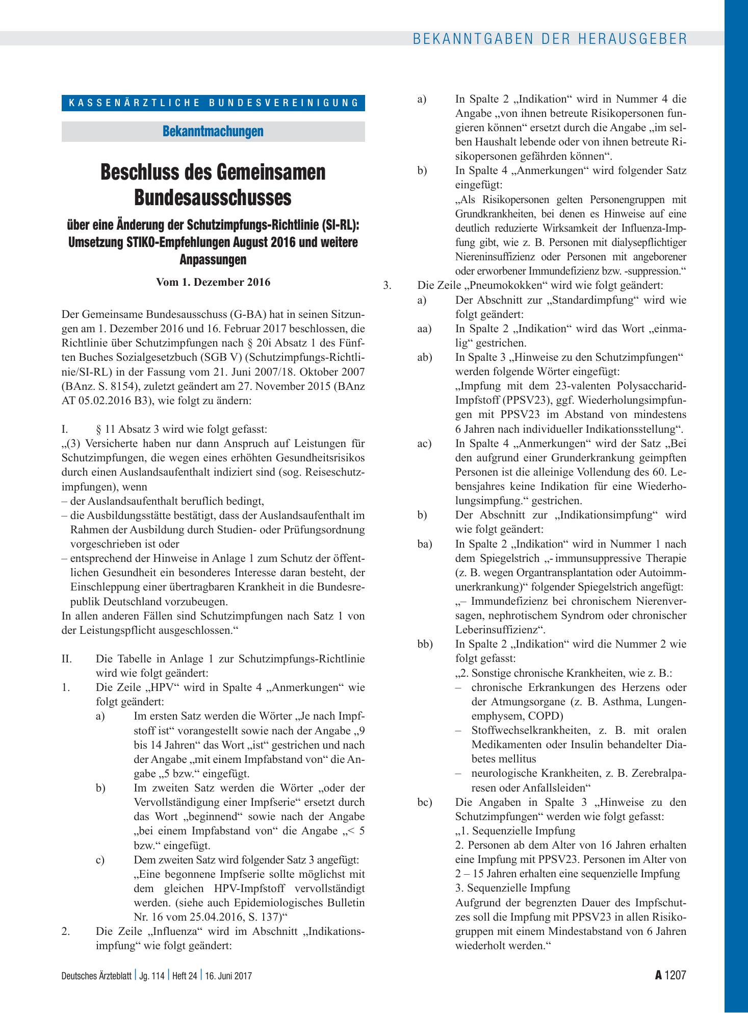Vorschauseite 1: Beschluss des Gemeinsamen Bundesausschusses über eine Änderung der Schutzimpfungs-Richtlinie (SI-RL): Umsetzung STIKO-Empfehlungen August 2016 und weitere Anpassungen – Deutsches…