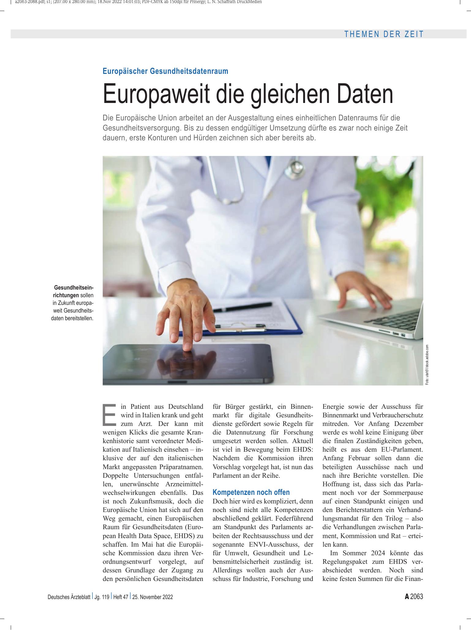Vorschauseite 1: Europäischer Gesundheitsdatenraum: Europaweit die gleichen Daten – Deutsches Ärzteblatt
