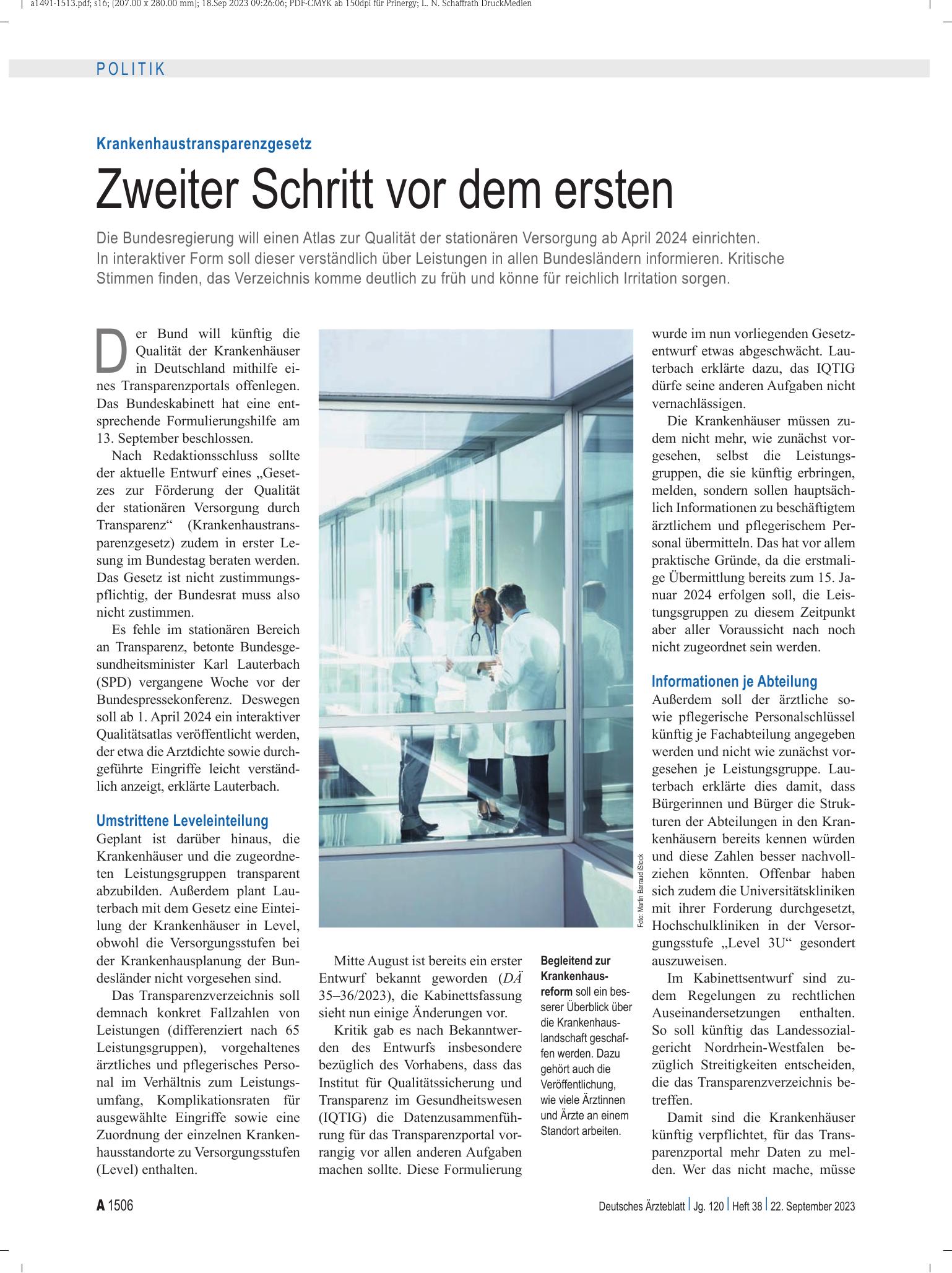 Vorschauseite 1: Krankenhaustransparenzgesetz: Zweiter Schritt vor dem ersten – Deutsches Ärzteblatt