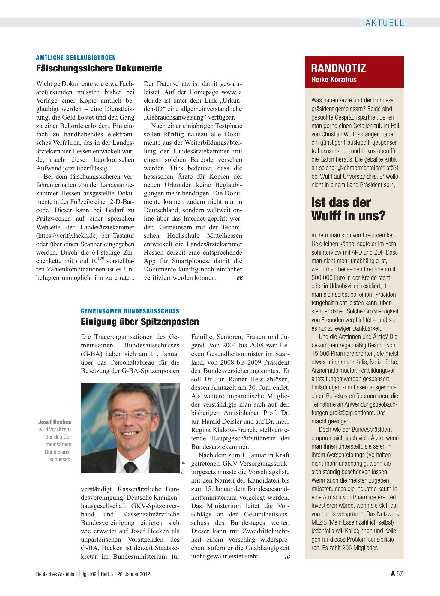 Vorschauseite 1: Gemeinsamer Bundesausschuss: Einigung über Spitzenposten – Deutsches Ärzteblatt