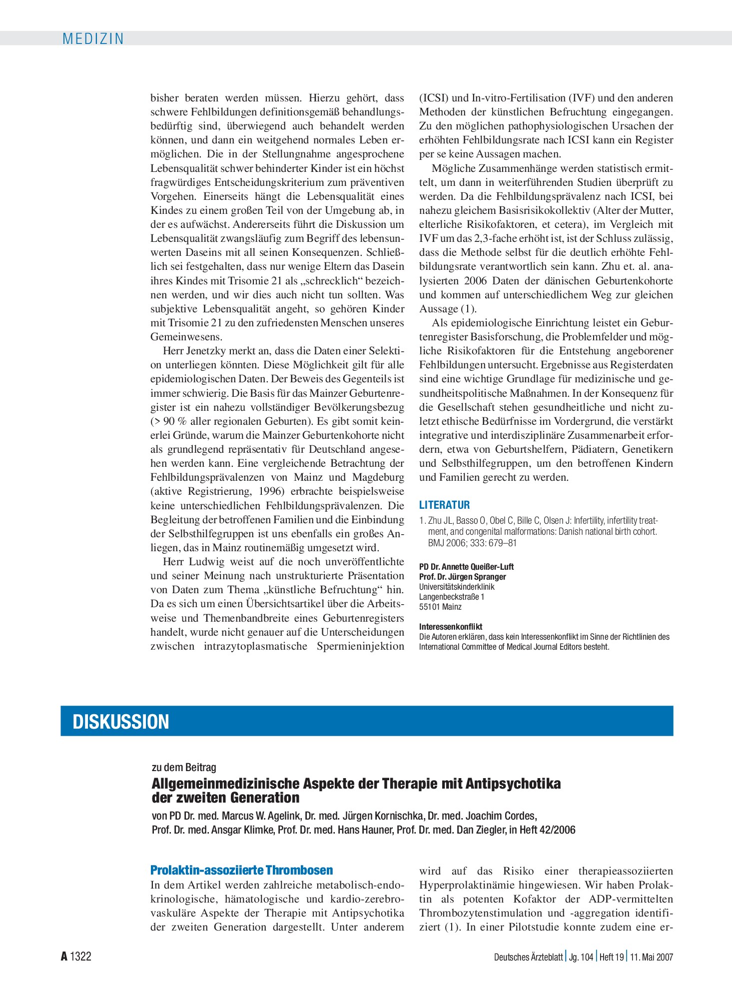 Vorschauseite 1: Allgemeinmedizinische Aspekte der Therapie mit Antipsychotika der zweiten Generation: Prolaktin-assoziierte Thrombosen – Deutsches Ärzteblatt