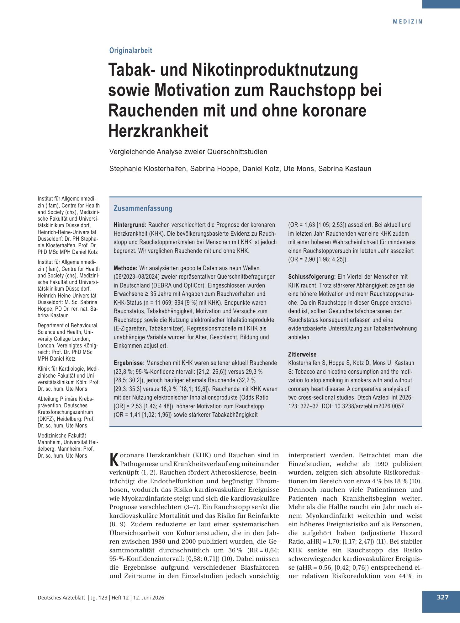Vorschauseite 1: Tabak- und Nikotinproduktnutzung sowie Motivation zum Rauchstopp bei Rauchenden mit und ohne koronare Herzkrankheit – Deutsches Ärzteblatt