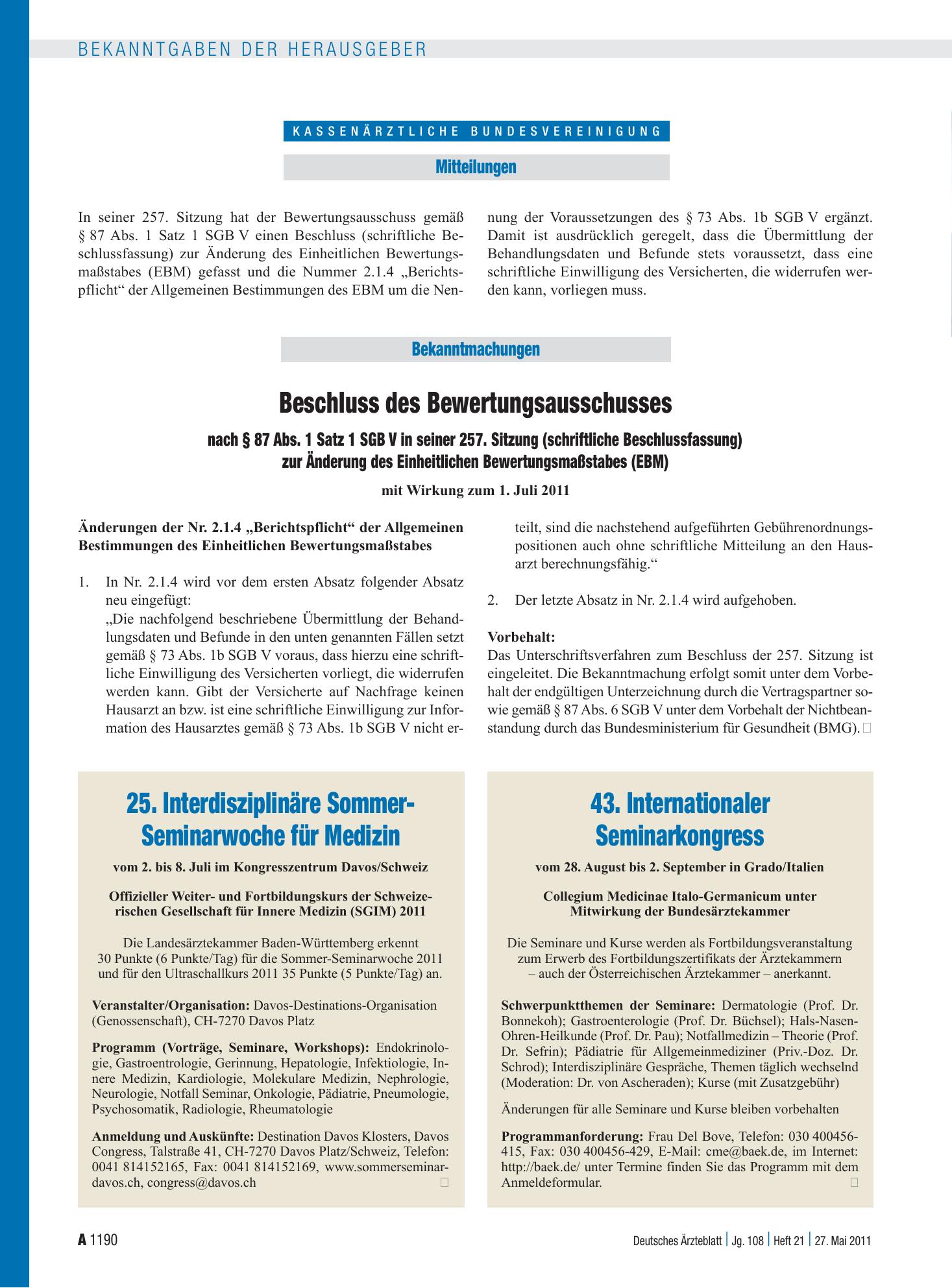 Vorschauseite 1: 43. Internationaler Seminarkongress – Deutsches Ärzteblatt