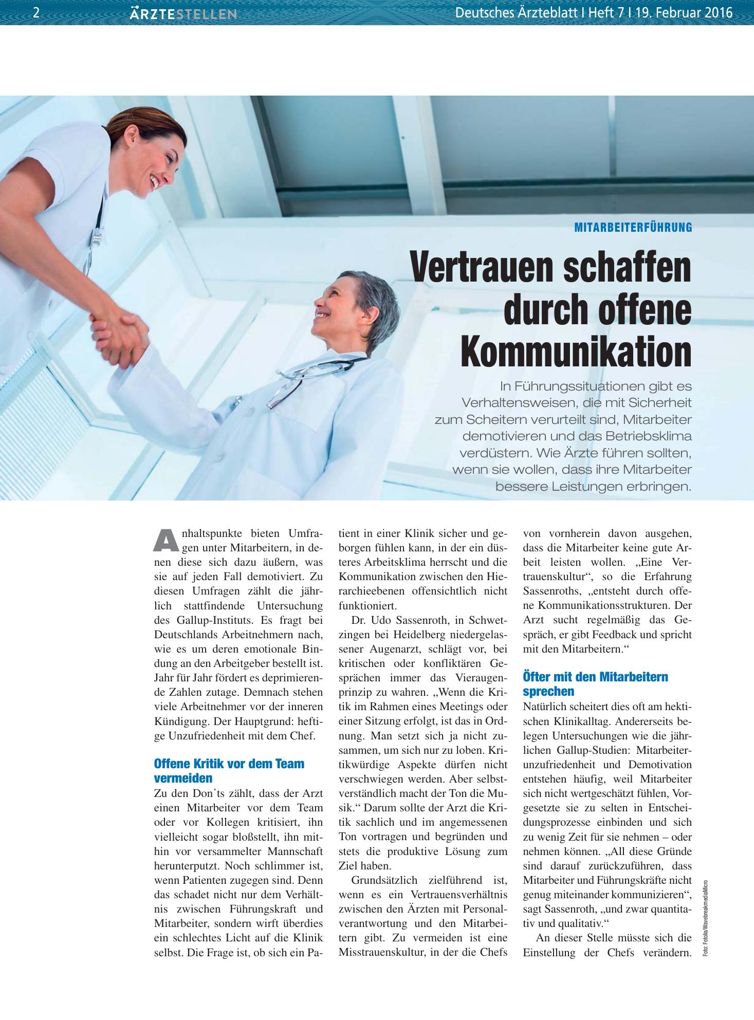 Vorschauseite 1: Mitarbeiterführung: Vertrauen schaffen durch offene Kommunikation – Deutsches Ärzteblatt