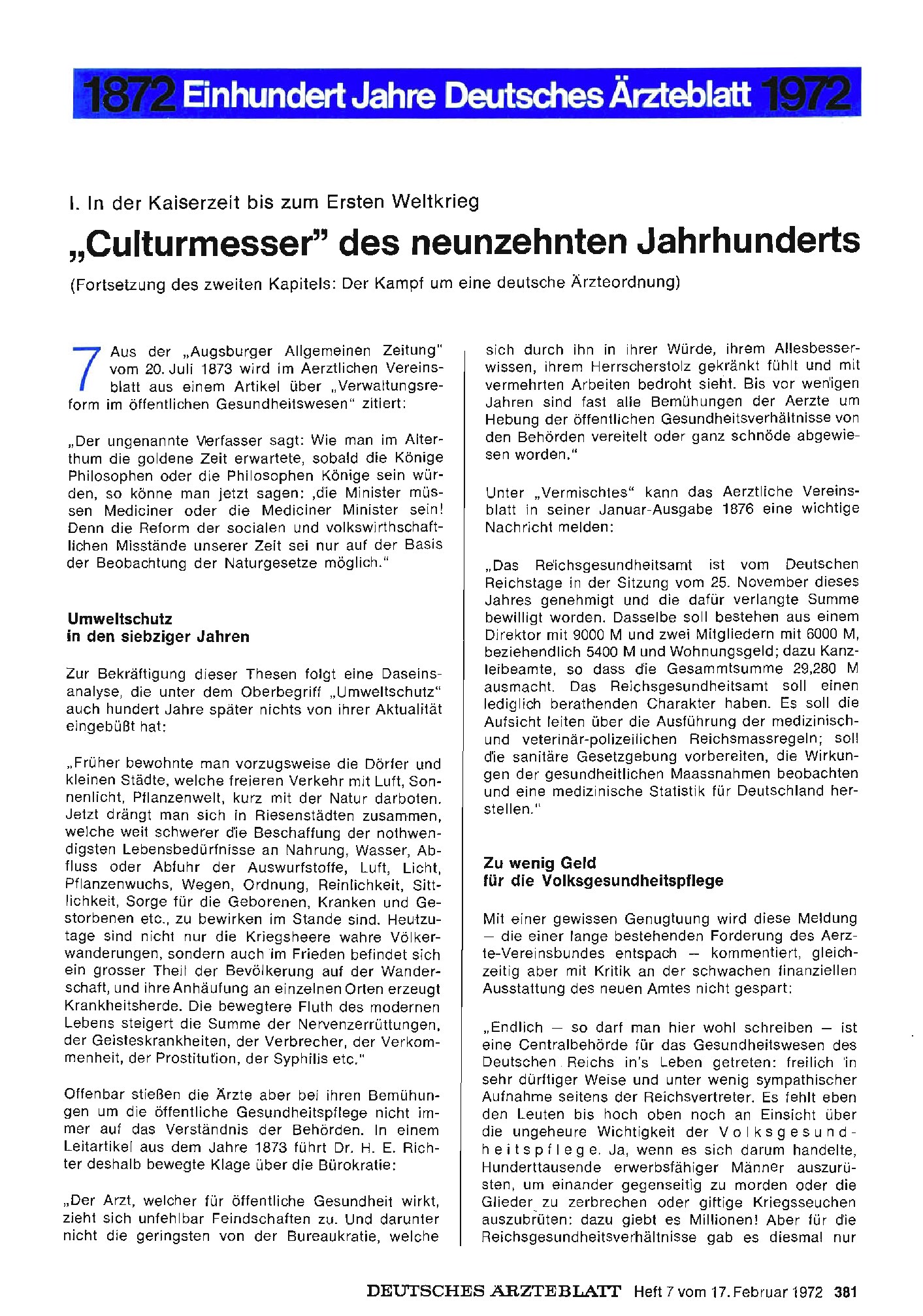 Vorschauseite 1: I. ln der Kaiserzeit bis zum Ersten Weltkrieg: "Culturmesser" des neunzehnten Jahrhunderts (Fortsetzung des zweiten Kapitels: Der Kampf um eine deutsche Ärzteordnung)