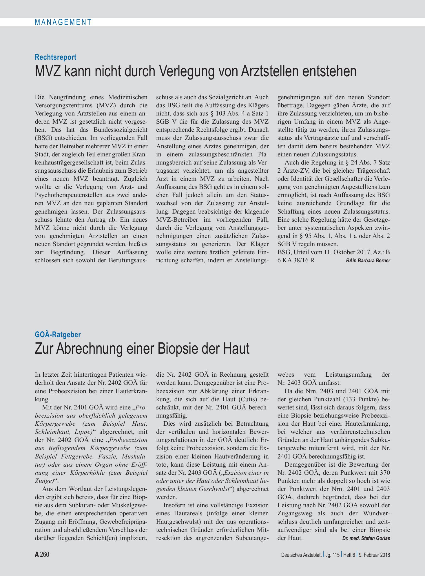 Vorschauseite 1: GOÄ-Ratgeber: Zur Abrechnung einer Biopsie der Haut – Deutsches Ärzteblatt