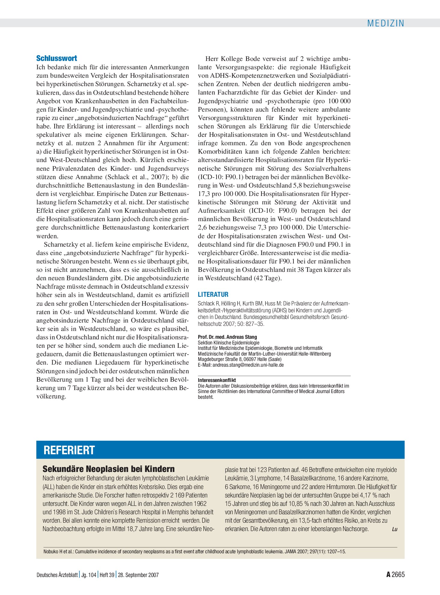 Vorschauseite 1: Sekundäre Neoplasien bei Kindern – Deutsches Ärzteblatt