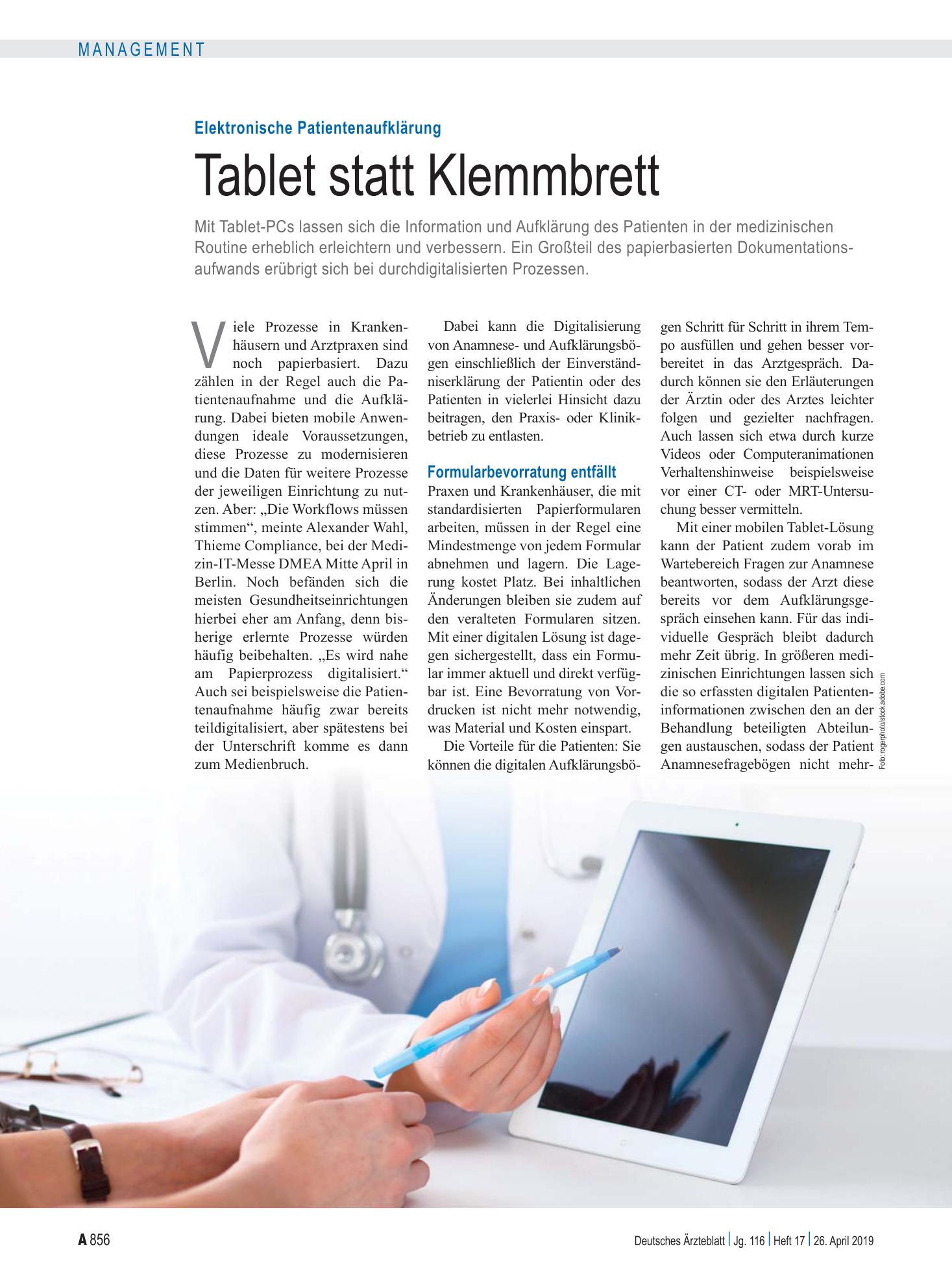 Vorschauseite 1: Elektronische Patientenaufklärung: Tablet statt Klemmbrett – Deutsches Ärzteblatt