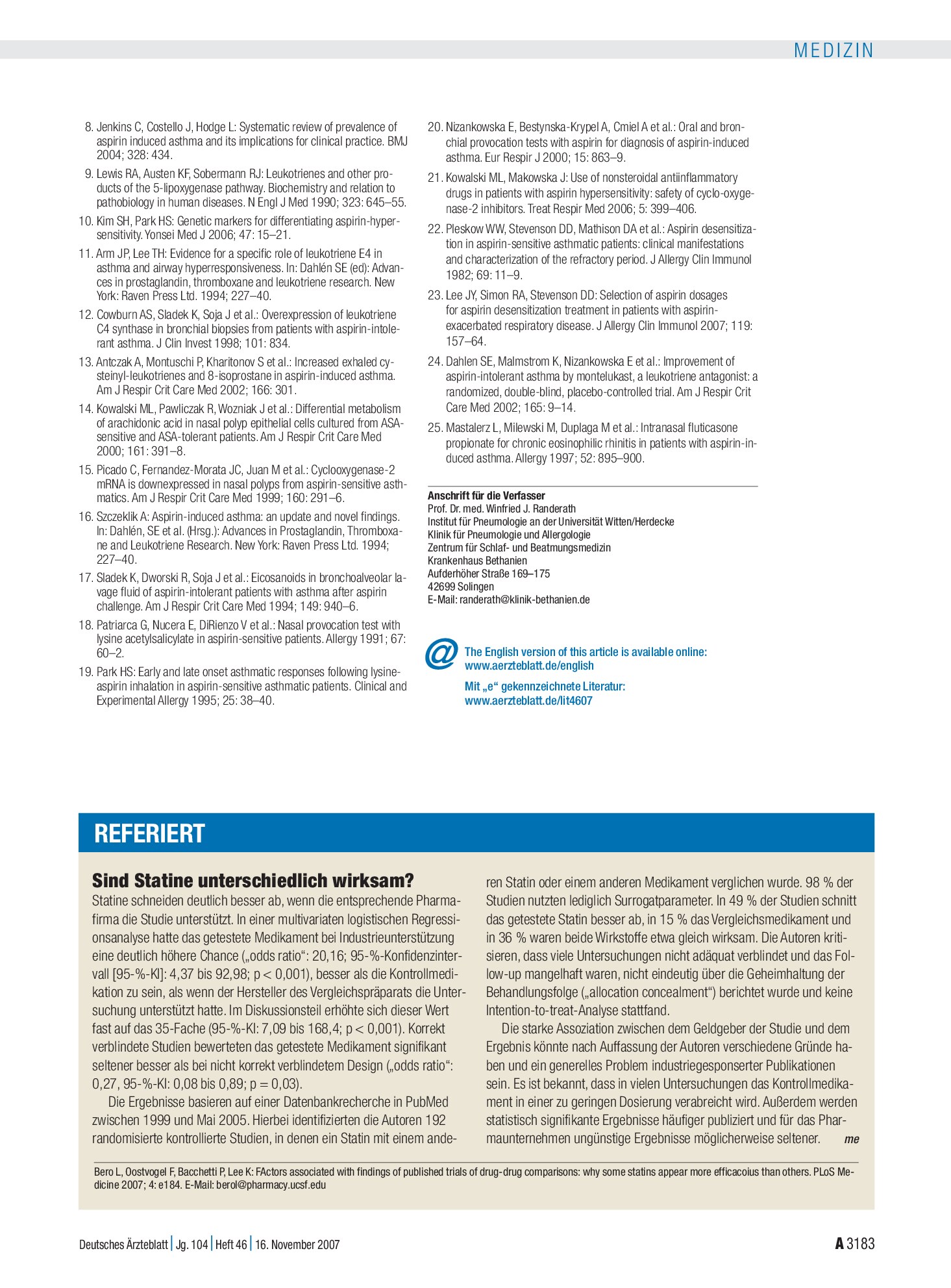 Vorschauseite 1: Sind Statine unterschiedlich wirksam? – Deutsches Ärzteblatt