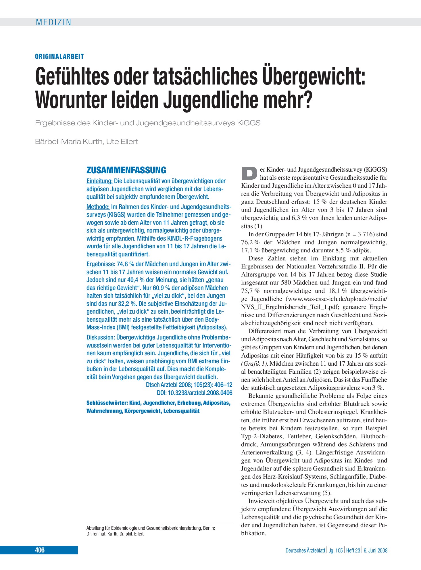 Vorschauseite 1: Gefühltes oder tatsächliches Übergewicht – Deutsches Ärzteblatt