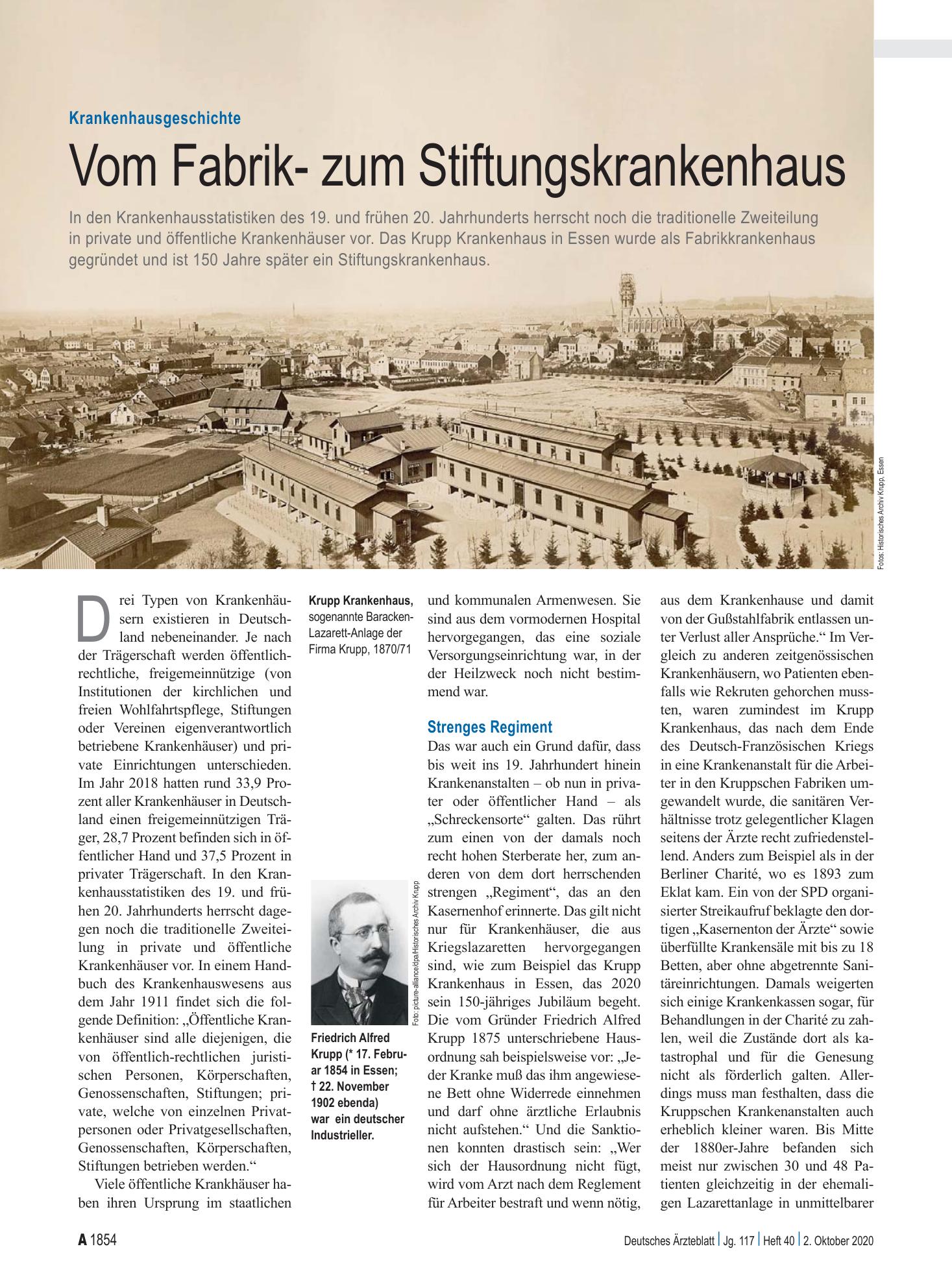 Vorschauseite 1: Krankenhausgeschichte: Vom Fabrik- zum Stiftungskrankenhaus – Deutsches Ärzteblatt