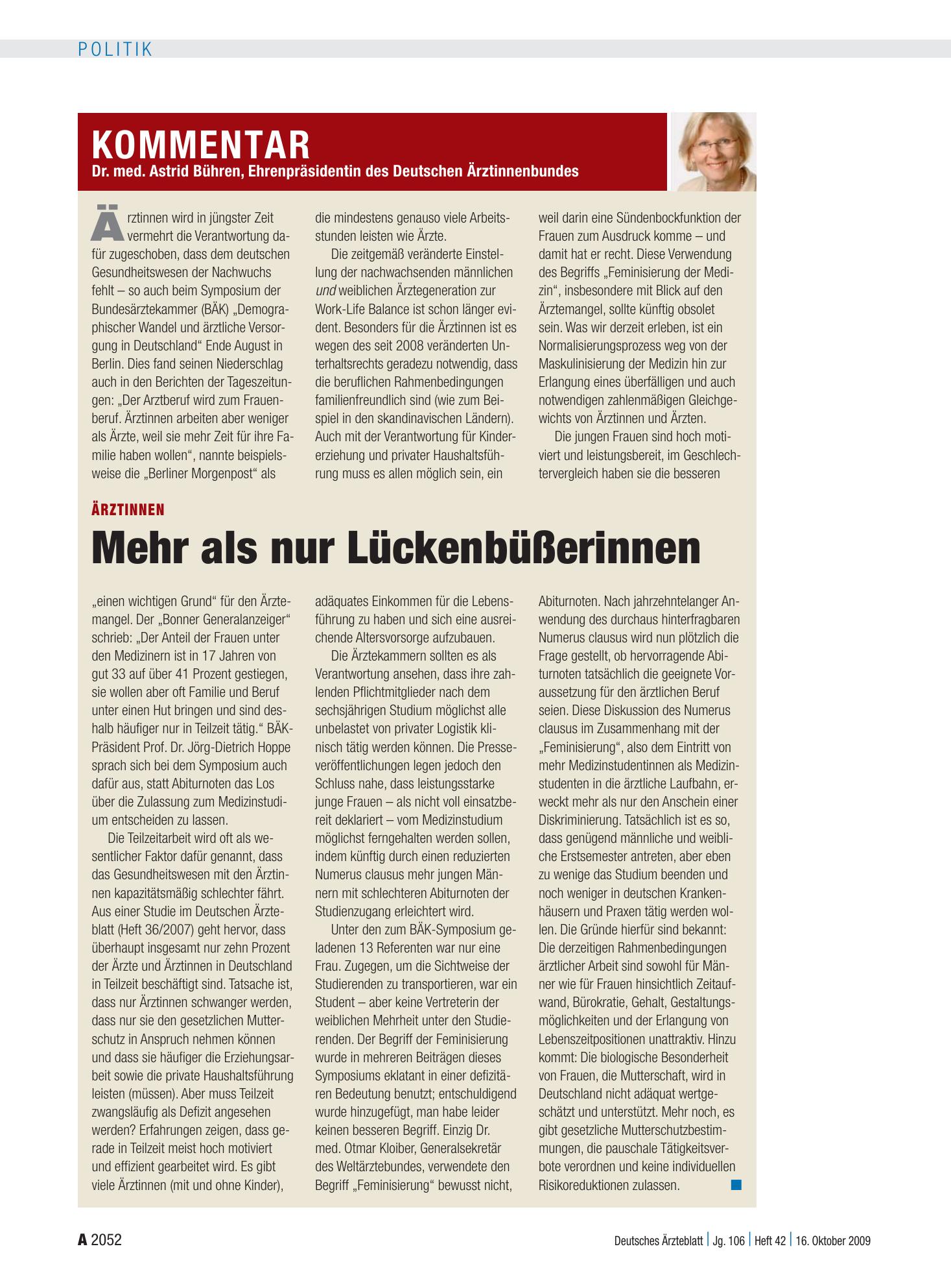 Vorschauseite 1: Ärztinnen: Mehr als nur Lückenbüßerinnen – Deutsches Ärzteblatt