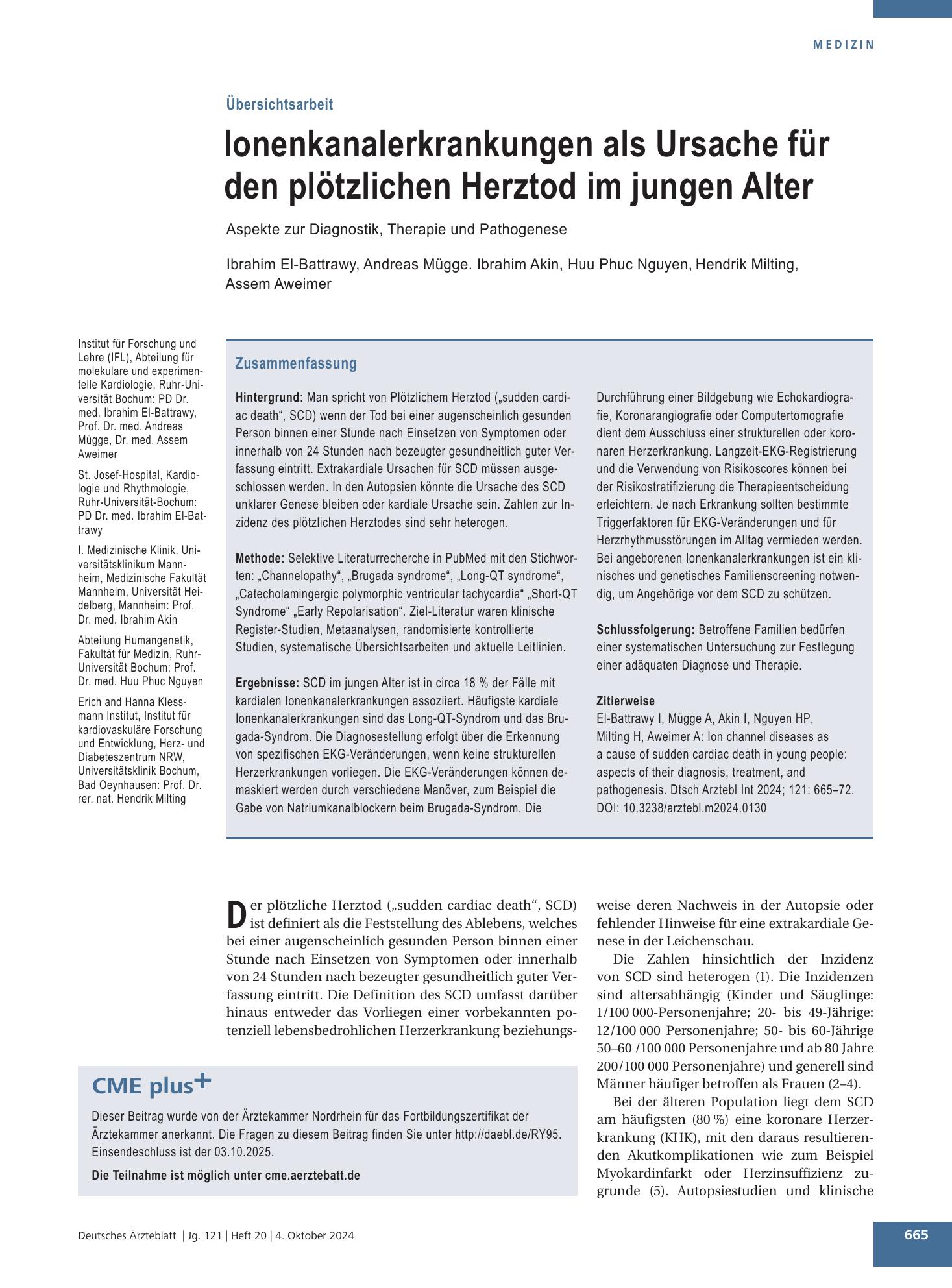 Vorschauseite 1: Ionenkanalerkrankungen als Ursache für den plötzlichen Herztod im jungen Alter – Deutsches Ärzteblatt
