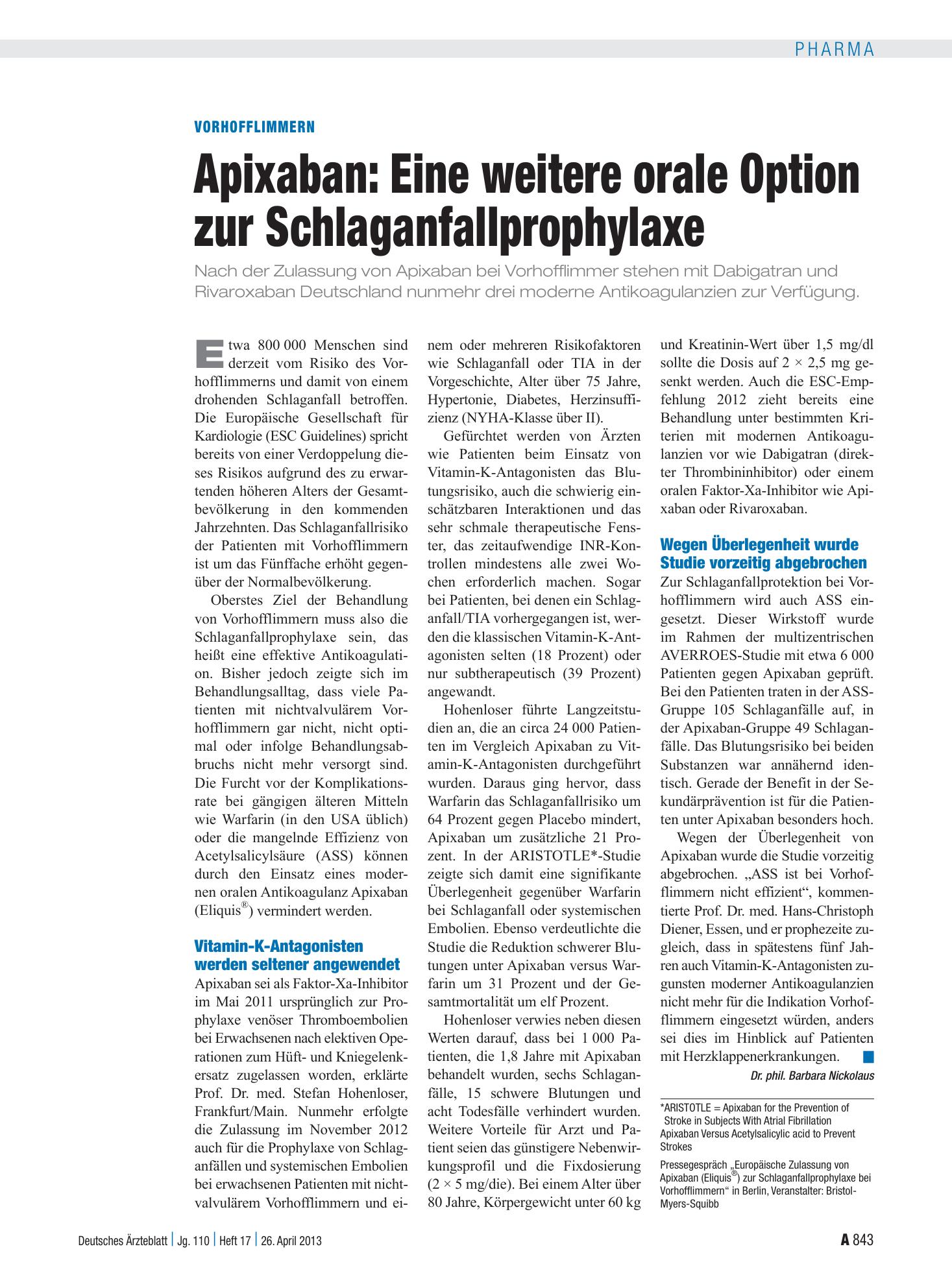 Vorschauseite 1: Vorhofflimmern: Apixaban: Eine weitere orale Option zur Schlaganfallprophylaxe – Deutsches Ärzteblatt