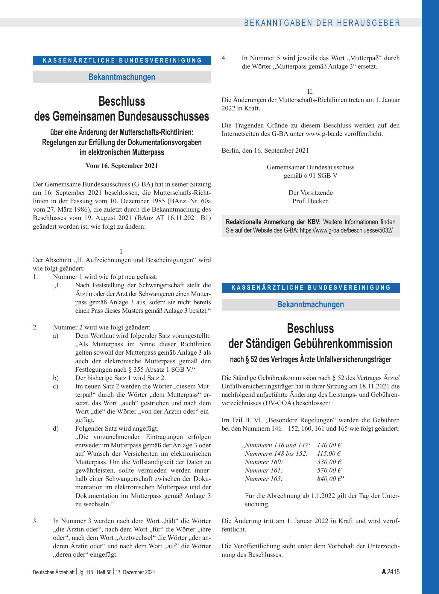 Vorschauseite 1: Beschluss des Gemeinsamen Bundesausschusses über eine Änderung der Mutterschafts-Richtlinien: Regelungen zur Erfüllung der Dokumentationsvorgaben im elektronischen Mutterpass – De…