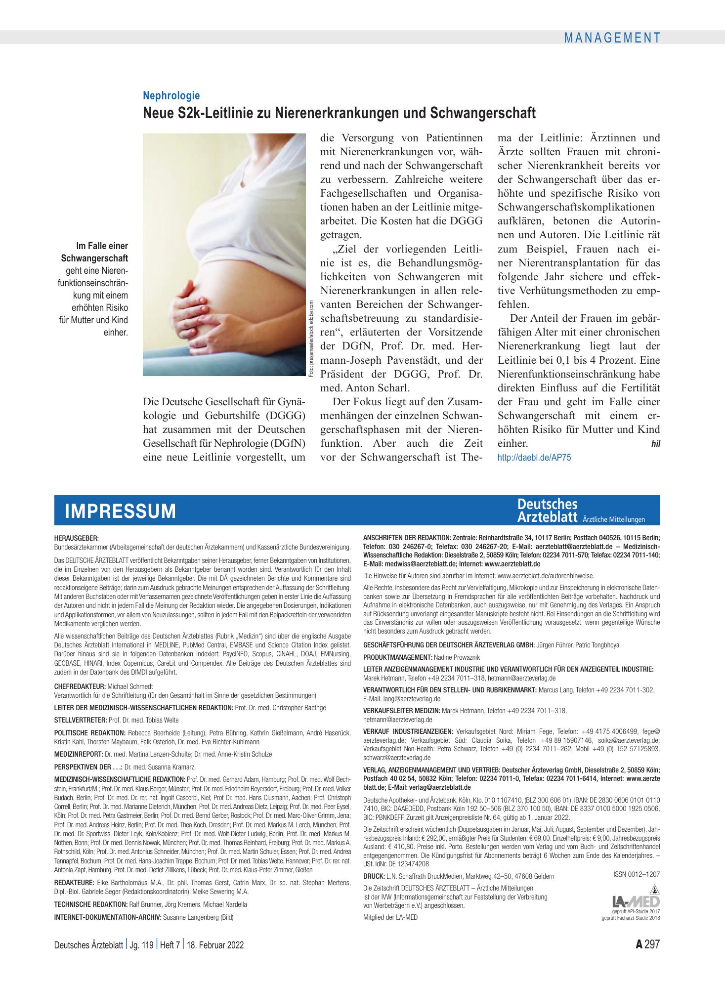 Vorschauseite 1: Nephrologie: Neue S2k-Leitlinie zu Nierenerkrankungen und Schwangerschaft – Deutsches Ärzteblatt