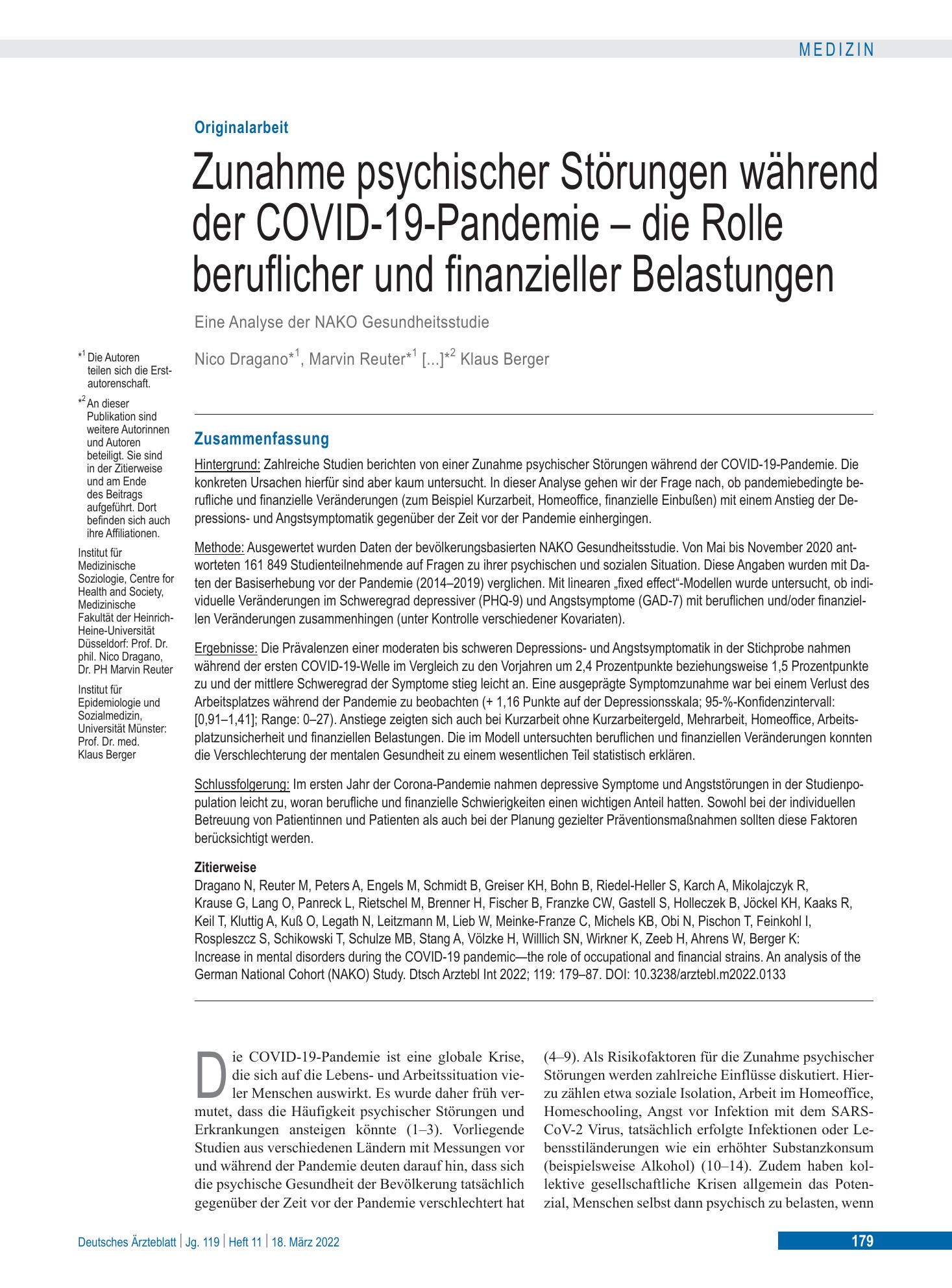 Vorschauseite 1: Zunahme psychischer Störungen während der COVID-19-Pandemie – die Rolle beruflicher und finanzieller Belastungen – Deutsches Ärzteblatt