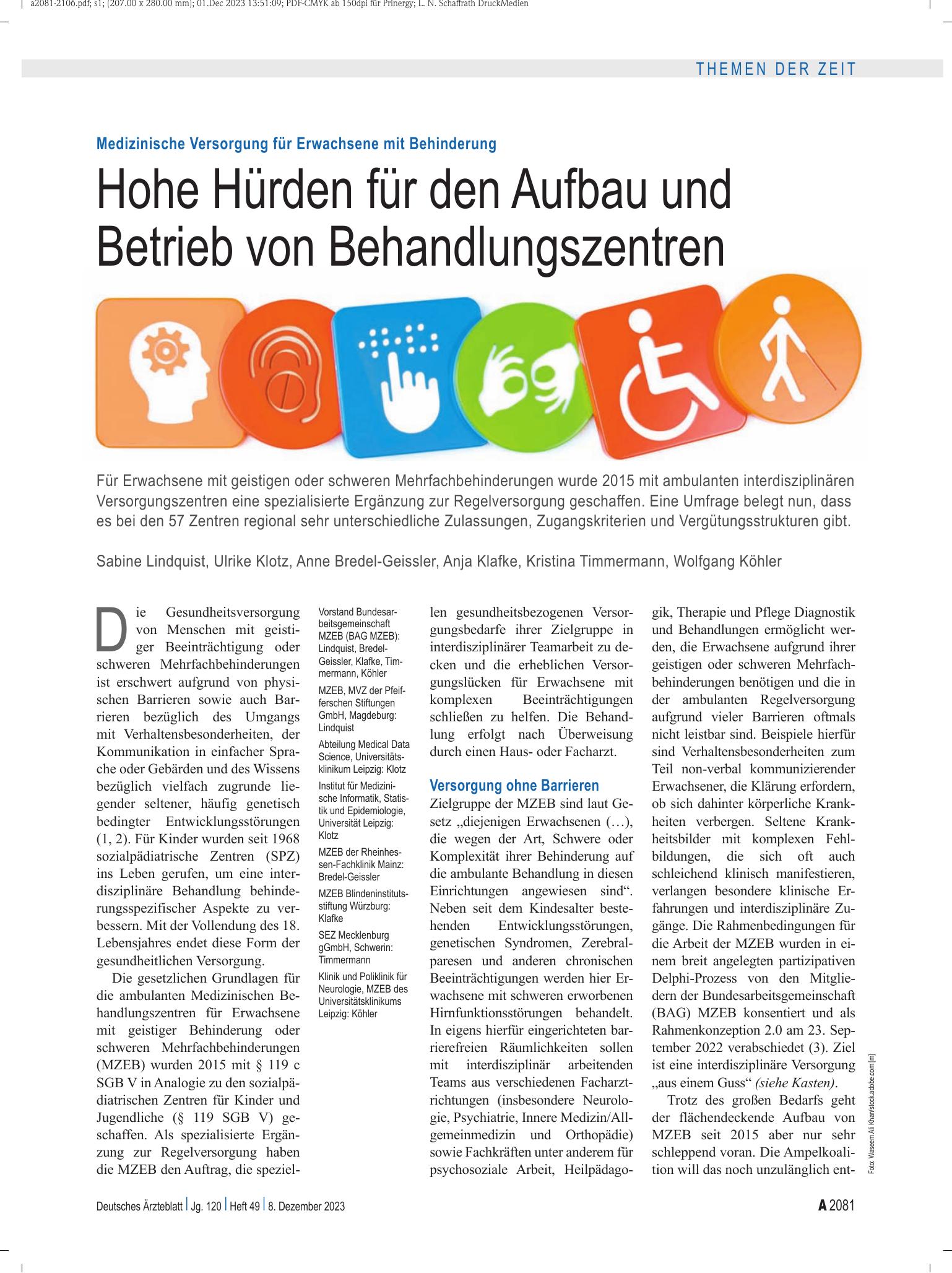 Vorschauseite 1: Medizinische Versorgung für Erwachsene mit Behinderung: Hohe Hürden für den Aufbau und Betrieb von Behandlungszentren – Deutsches Ärzteblatt
