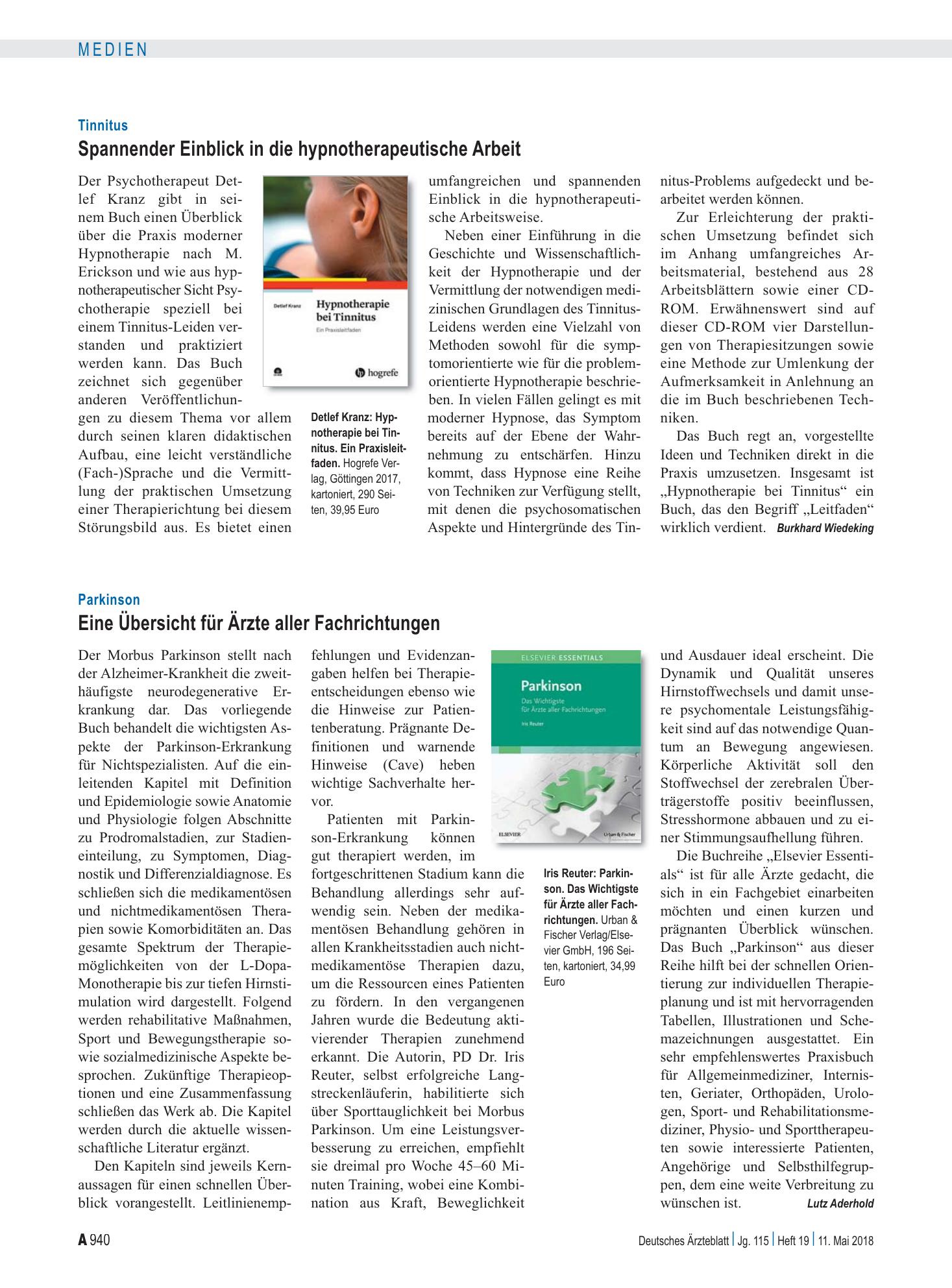 Vorschauseite 1: Tinnitus: Spannender Einblick in die hypnotherapeutische Arbeit – Deutsches Ärzteblatt