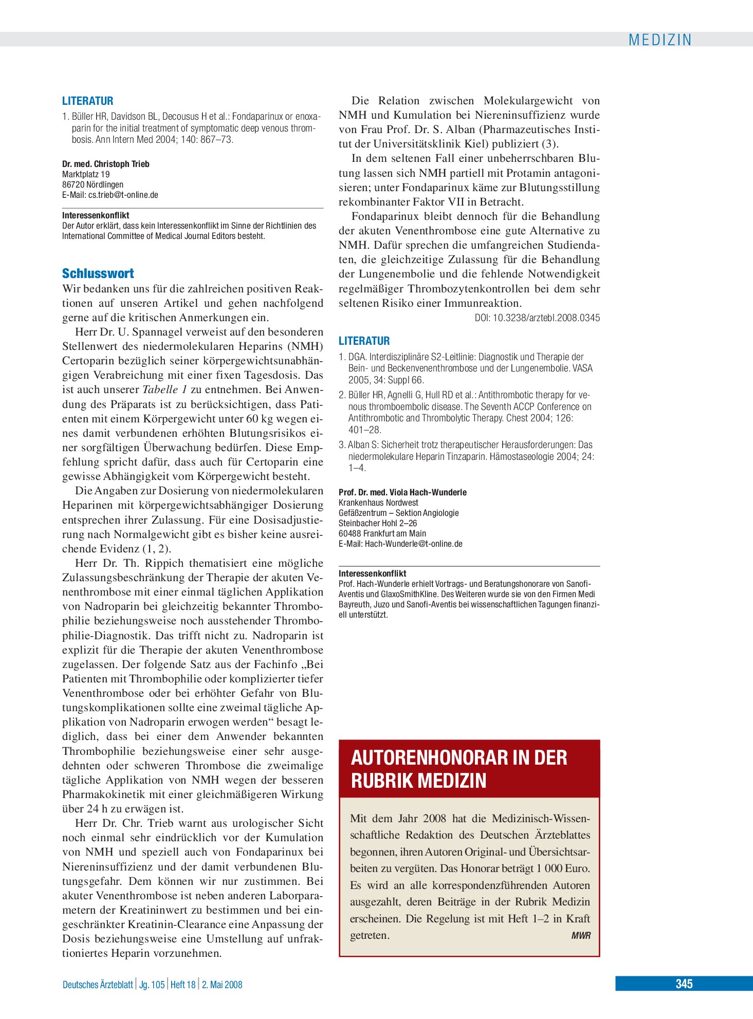 Vorschauseite 1: Therapie bei tiefer Bein- und Beckenvenenthrombose: Schlusswort – Deutsches Ärzteblatt