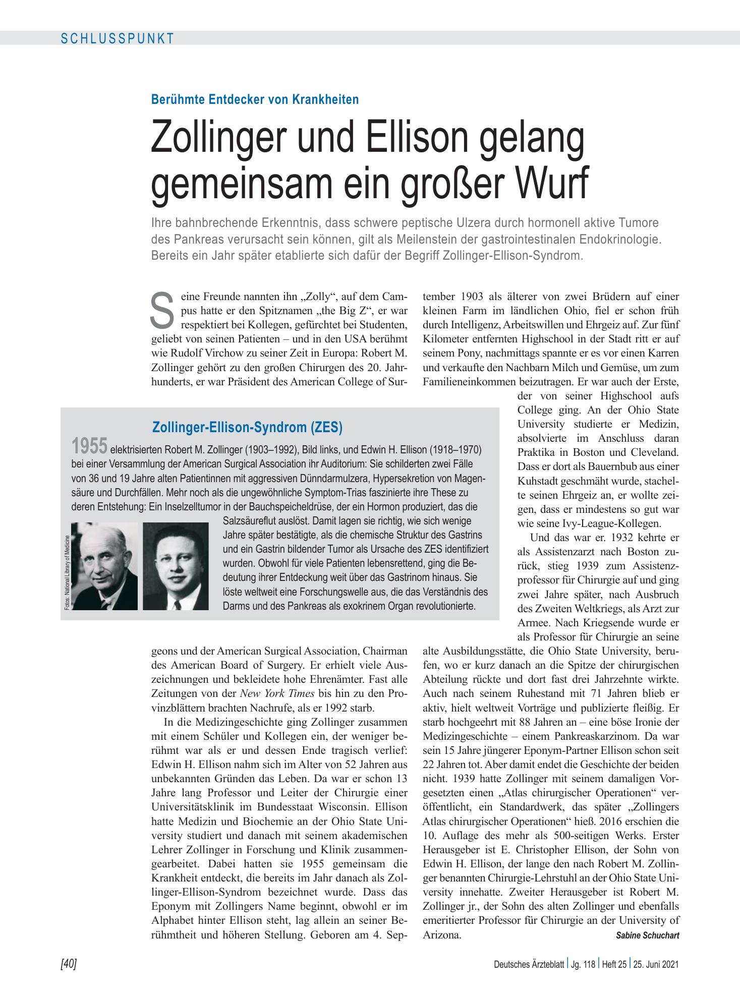 Vorschauseite 1: Berühmte Entdecker von Krankheiten: Zollinger und Ellison gelang gemeinsam ein großer Wurf – Deutsches Ärzteblatt