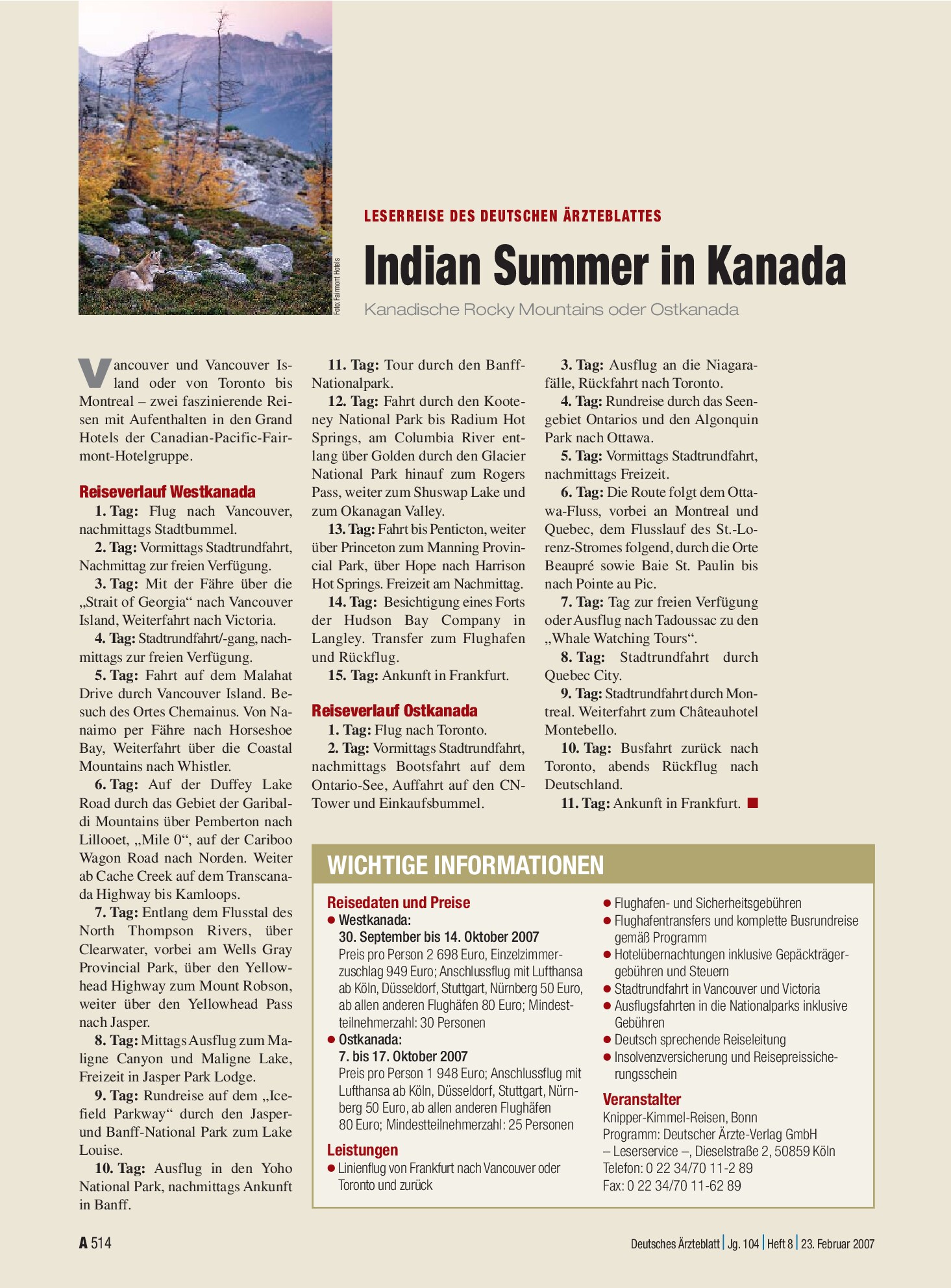 Vorschauseite 1: Leserreise des Deutschen Ärzteblattes: Indian Summer in Kanada – Kanadische Rocky Mountains oder Ostkanada – Deutsches Ärzteblatt